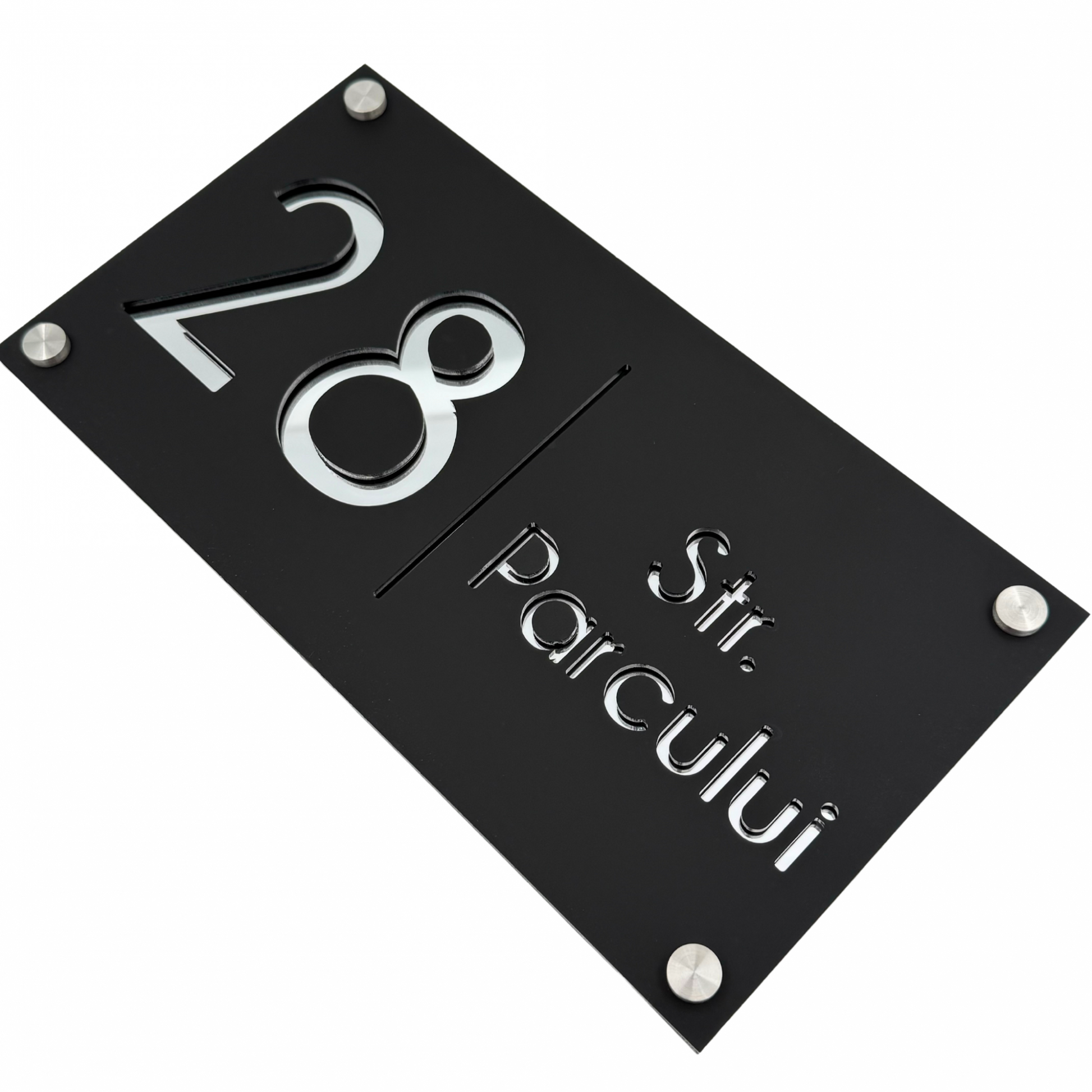 PREMIUM HOUSE NUMBER - Satin Black Silver Mirror 4 Spacers Silver - 28×15 cm
