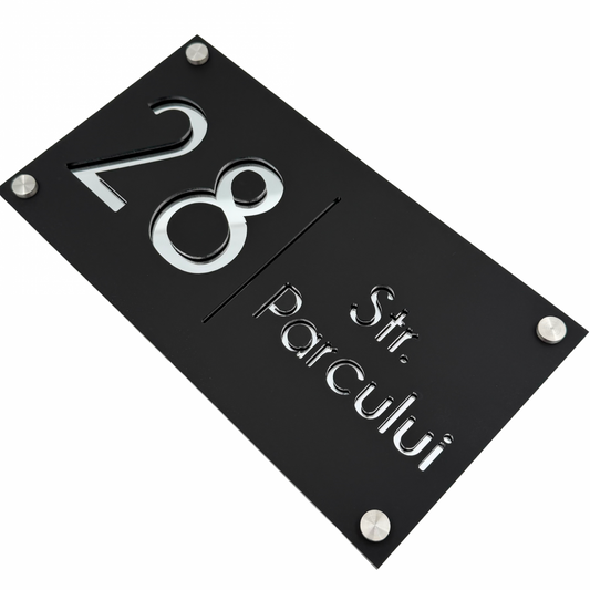 PREMIUM HOUSE NUMBER - Satin Black Silver Mirror 4 Spacers Silver - 28×15 cm
