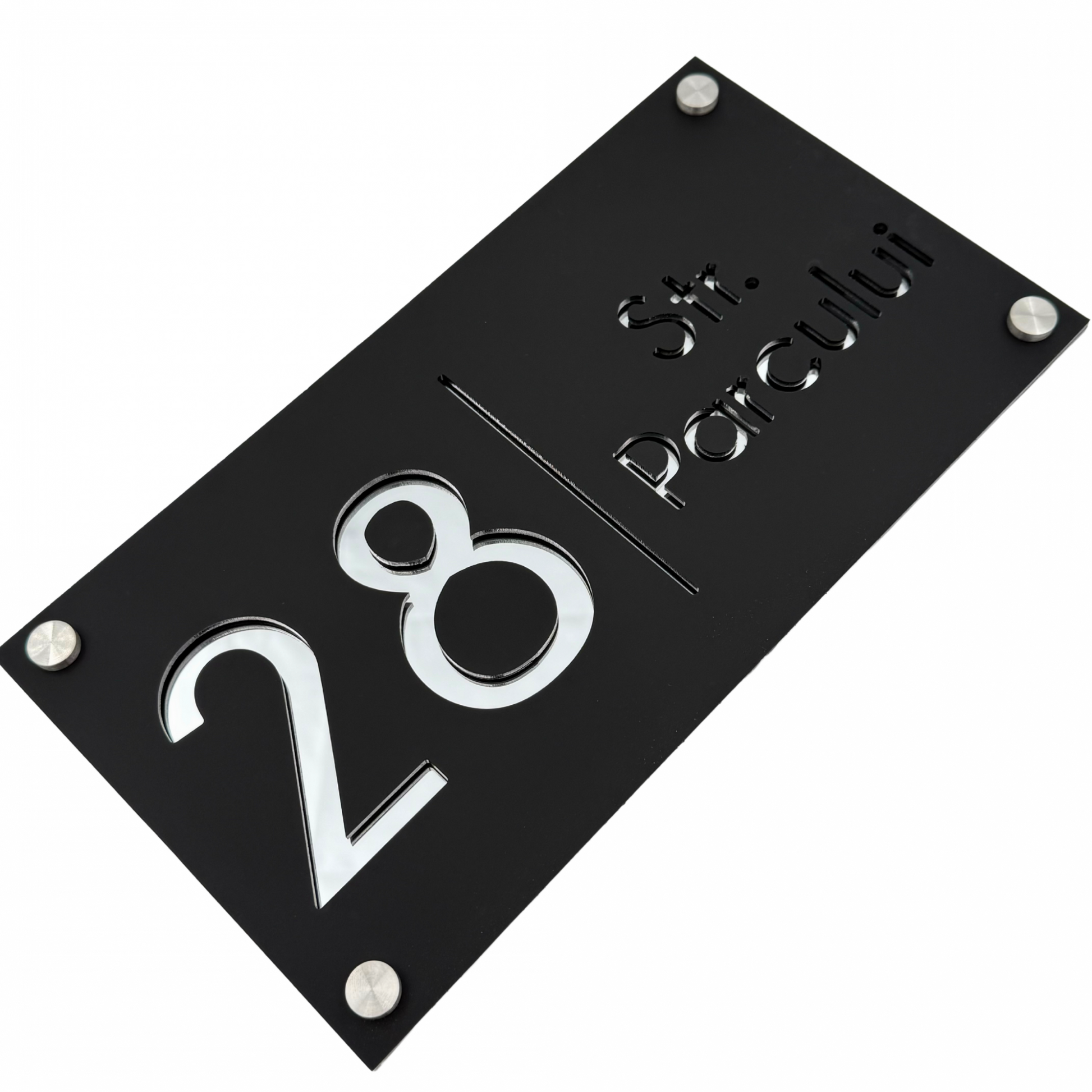 PREMIUM HOUSE NUMBER - Satin Black Silver Mirror 4 Spacers Silver - 28×15 cm