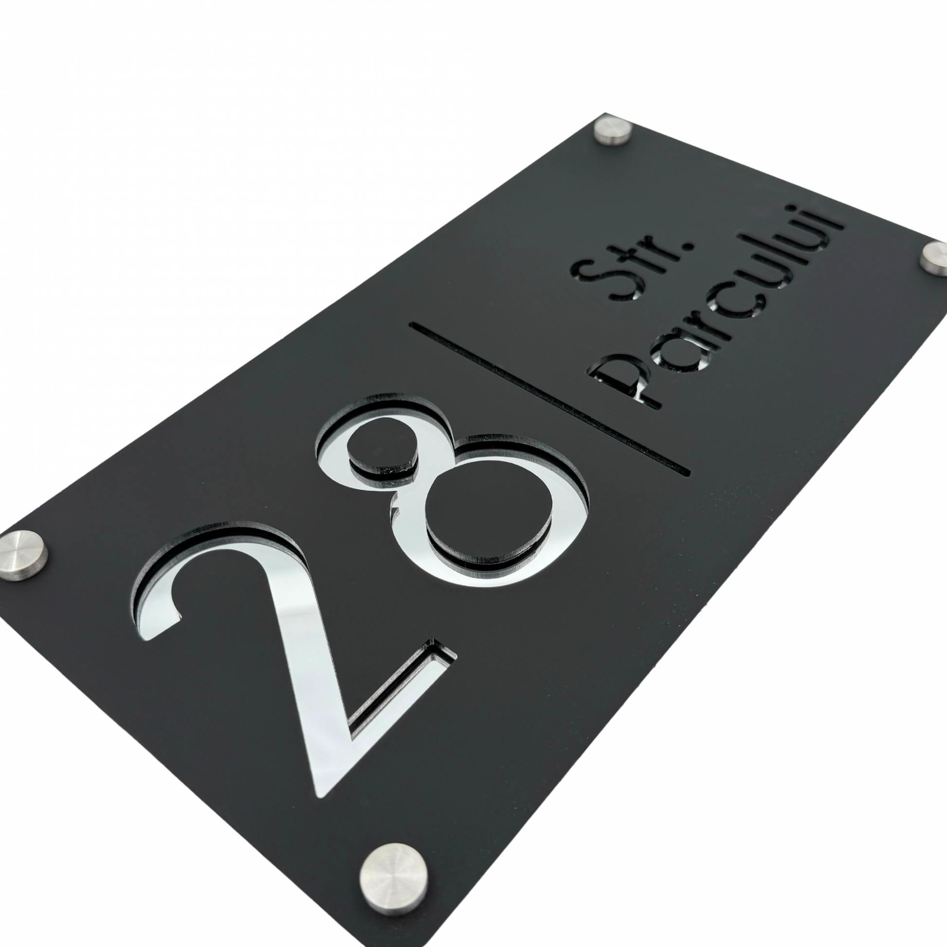 PREMIUM HOUSE NUMBER - Satin Black Silver Mirror 4 Spacers Silver - 28×15 cm