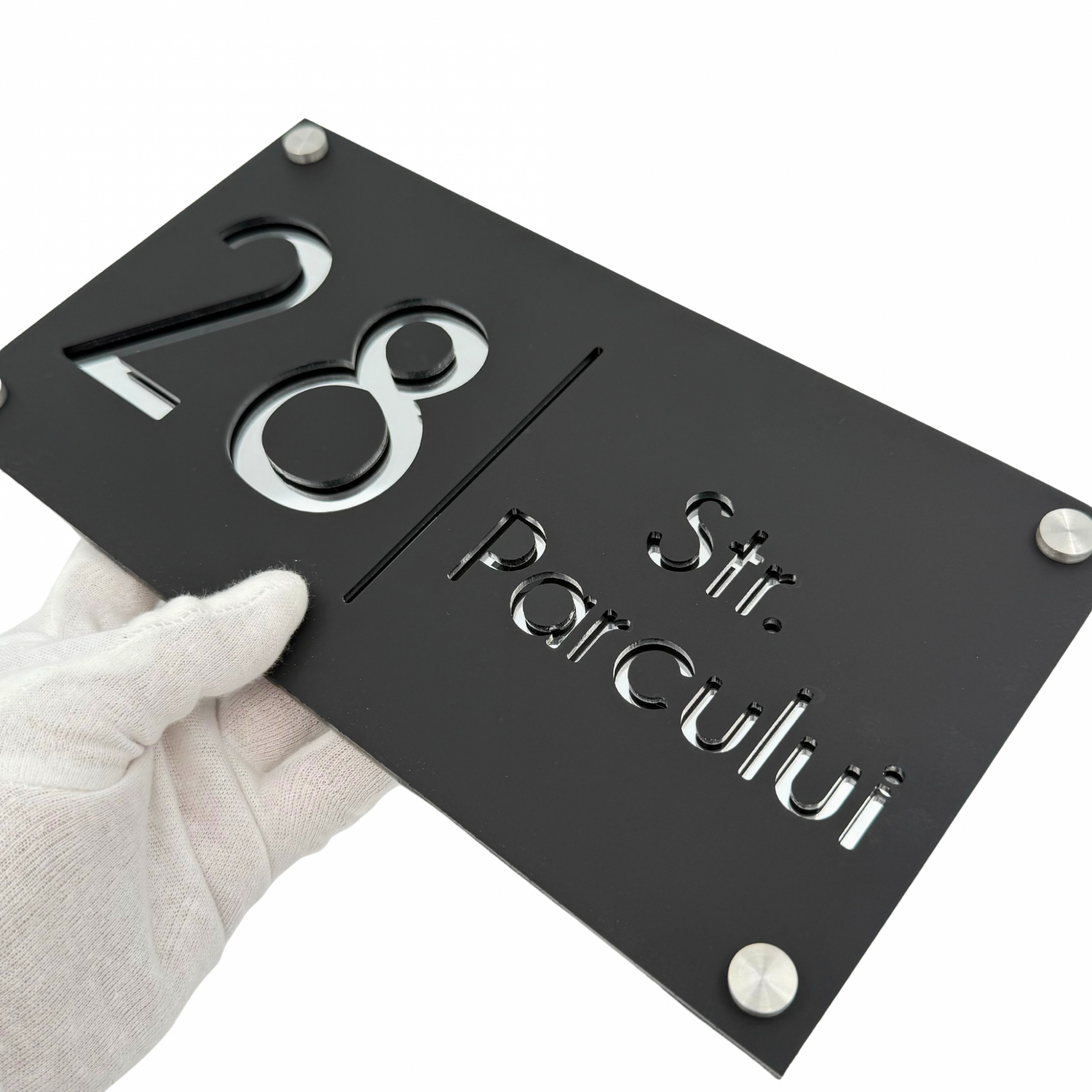 PREMIUM HOUSE NUMBER - Satin Black Silver Mirror 4 Spacers Silver - 28×15 cm