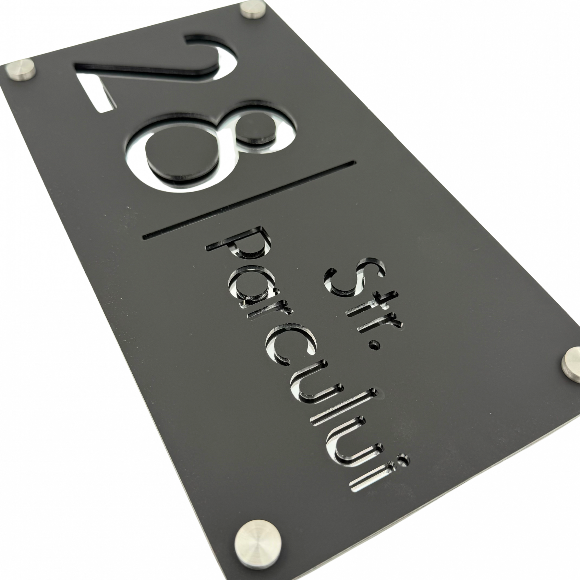 PREMIUM HOUSE NUMBER - Satin Black Silver Mirror 4 Spacers Silver - 28×15 cm