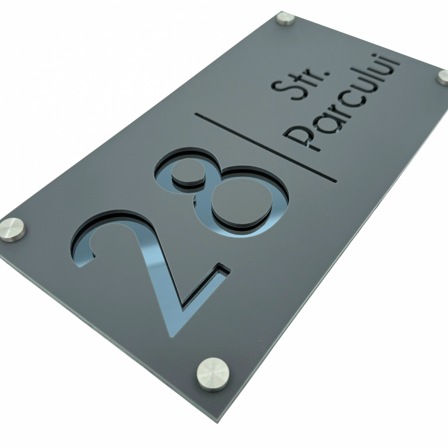 PREMIUM HOUSE NUMBER - Satin Grey Anthracite Grey Glossy 4 Spacers Silver - 28×15 cm