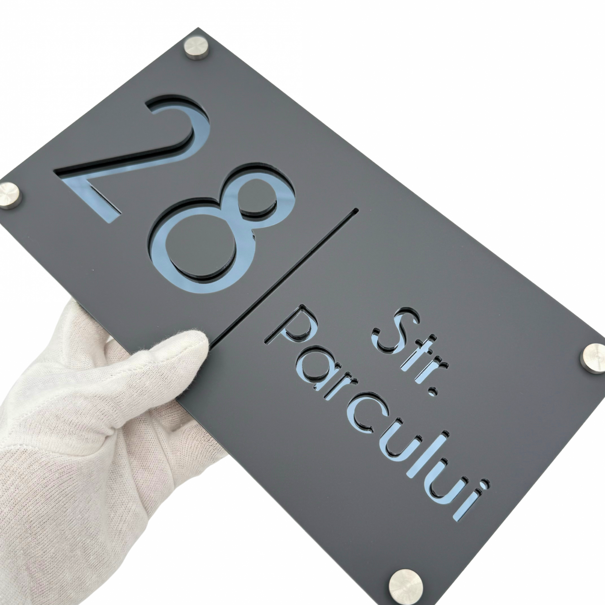 PREMIUM HOUSE NUMBER - Satin Grey Anthracite Grey Glossy 4 Spacers Silver - 28×15 cm