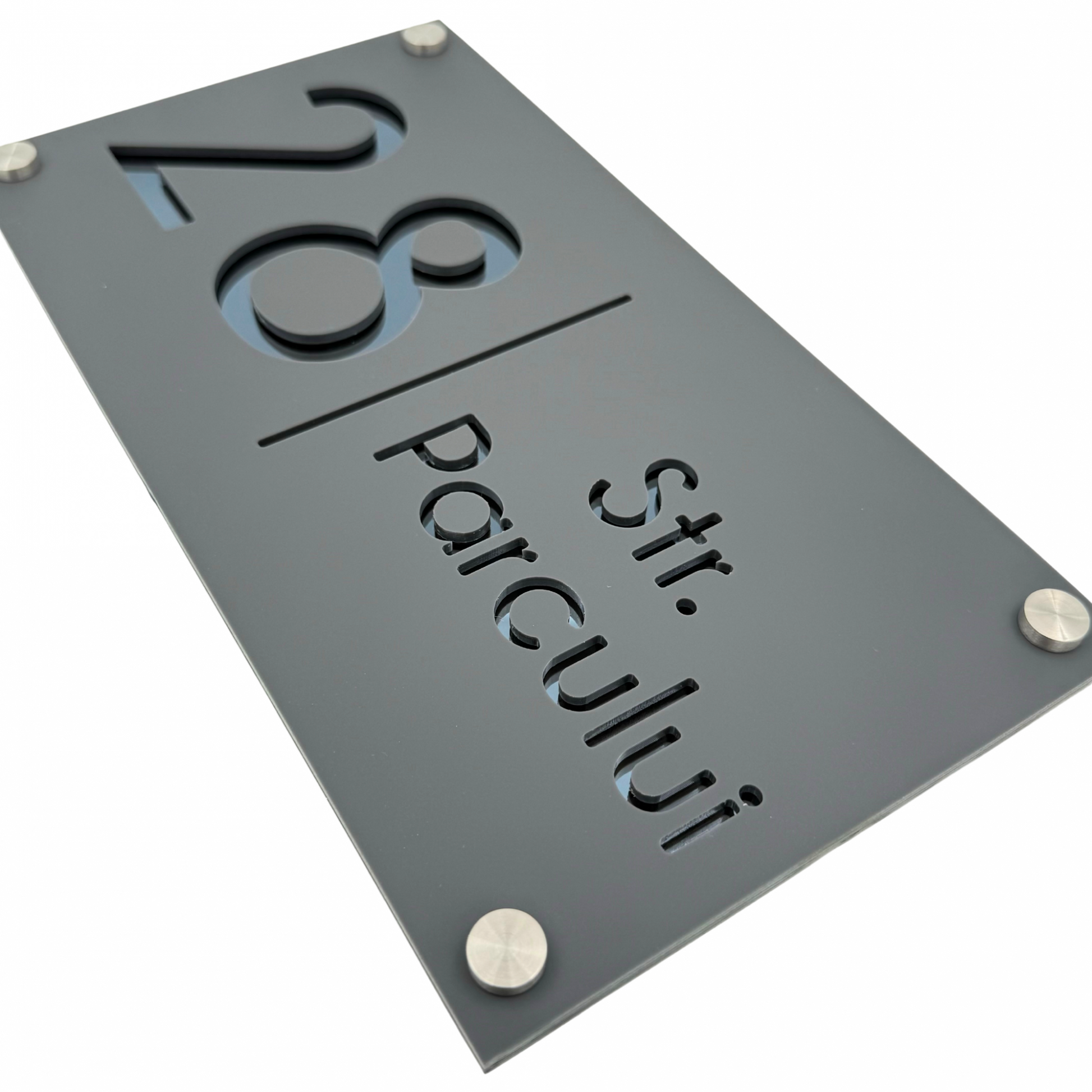 PREMIUM HOUSE NUMBER - Satin Grey Anthracite Grey Glossy 4 Spacers Silver - 28×15 cm