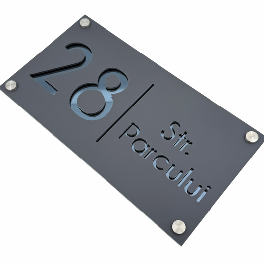 PREMIUM HOUSE NUMBER - Satin Grey Anthracite Grey Glossy 4 Spacers Silver - 28×15 cm