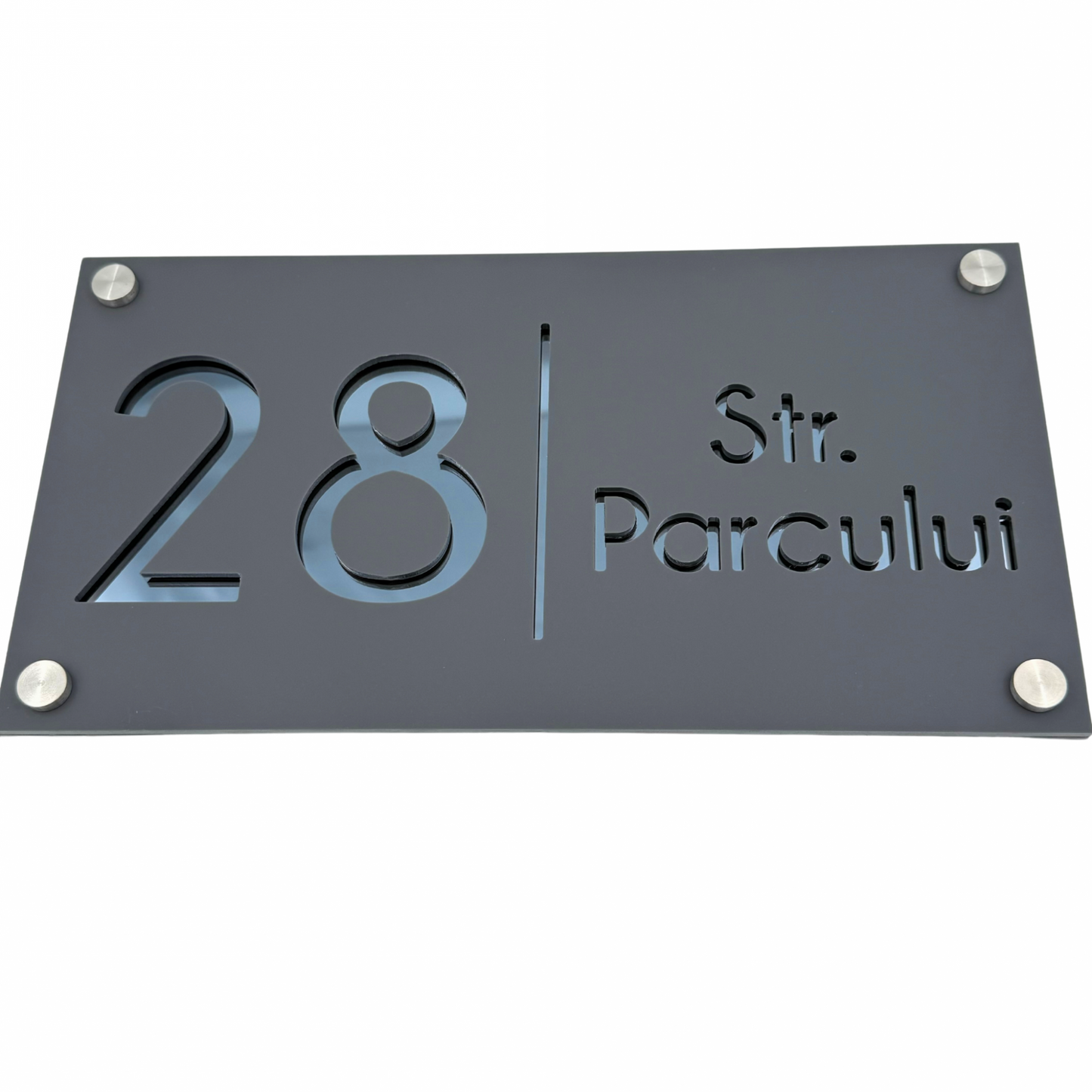 PREMIUM HOUSE NUMBER - Satin Grey Anthracite Grey Glossy 4 Spacers Silver - 28×15 cm