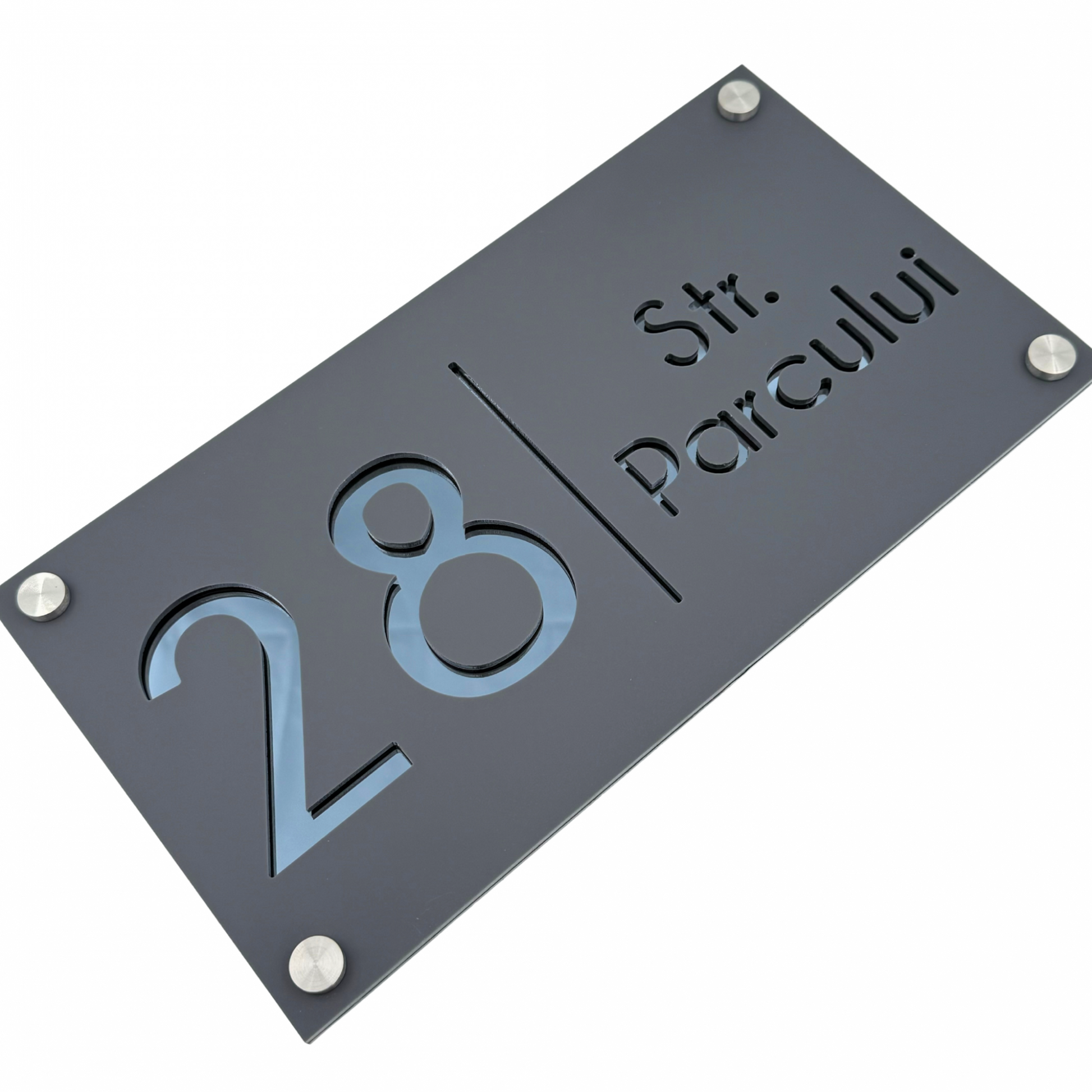 PREMIUM HOUSE NUMBER - Satin Grey Anthracite Grey Glossy 4 Spacers Silver - 28×15 cm