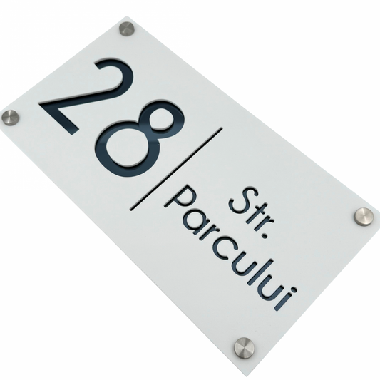 PREMIUM HOUSE NUMBER - White Satin Anthracite Grey Mirror 4 Spacers Silver - 28×15 cm