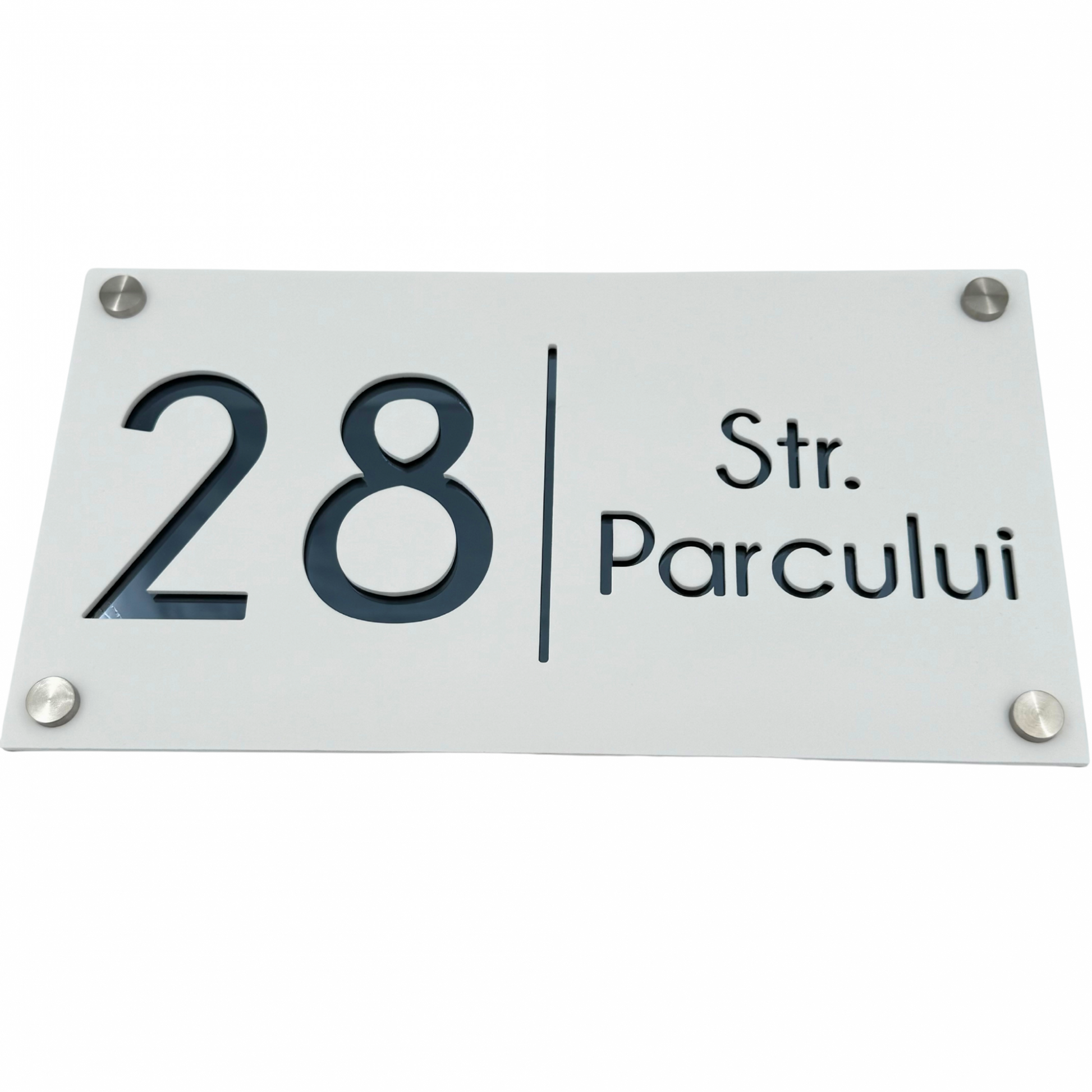 PREMIUM HOUSE NUMBER - White Satin Anthracite Grey Mirror 4 Spacers Silver - 28×15 cm