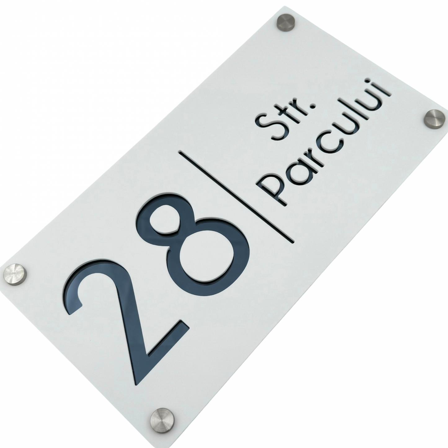 PREMIUM HOUSE NUMBER - White Satin Anthracite Grey Mirror 4 Spacers Silver - 28×15 cm