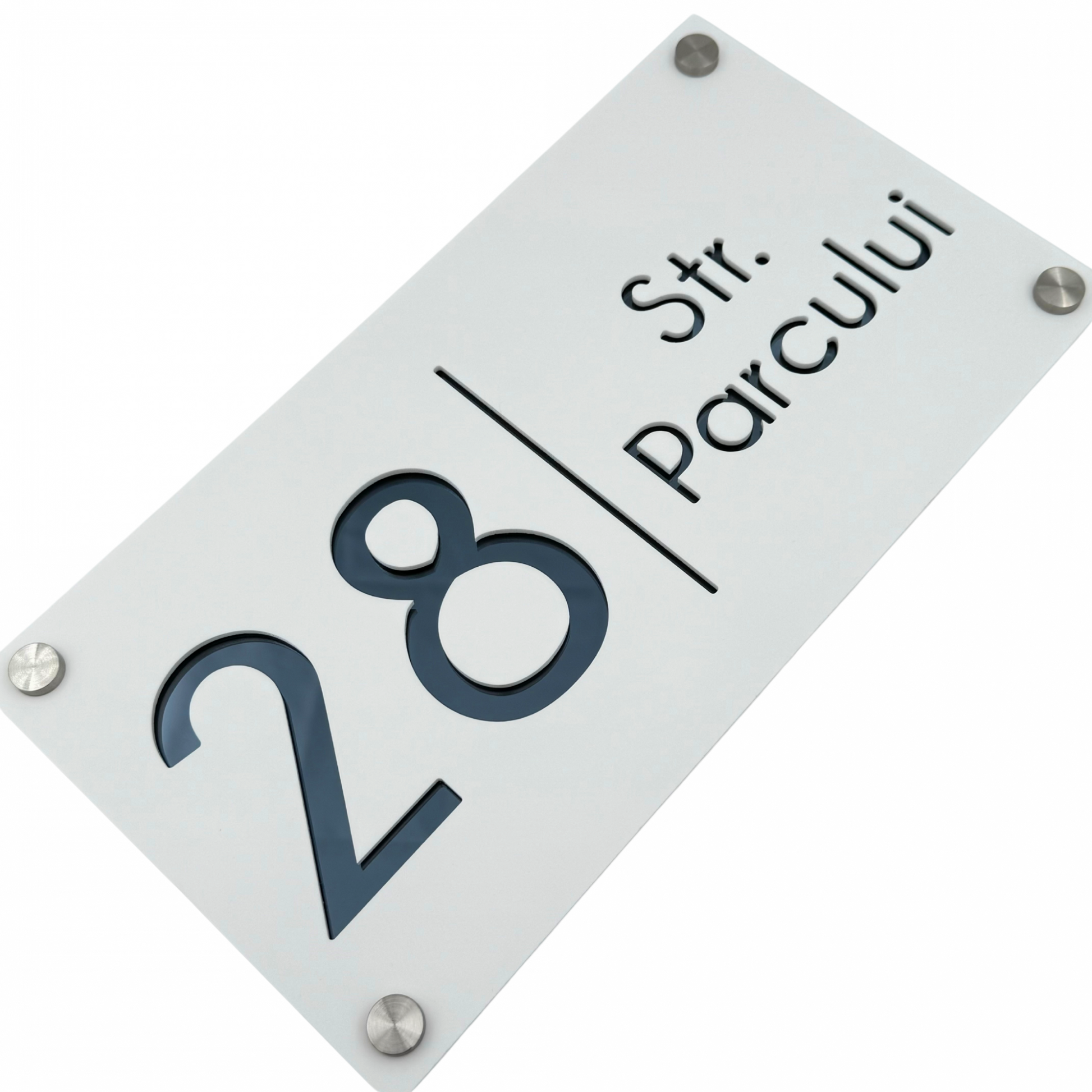 PREMIUM HOUSE NUMBER - White Satin Anthracite Grey Mirror 4 Spacers Silver - 28×15 cm