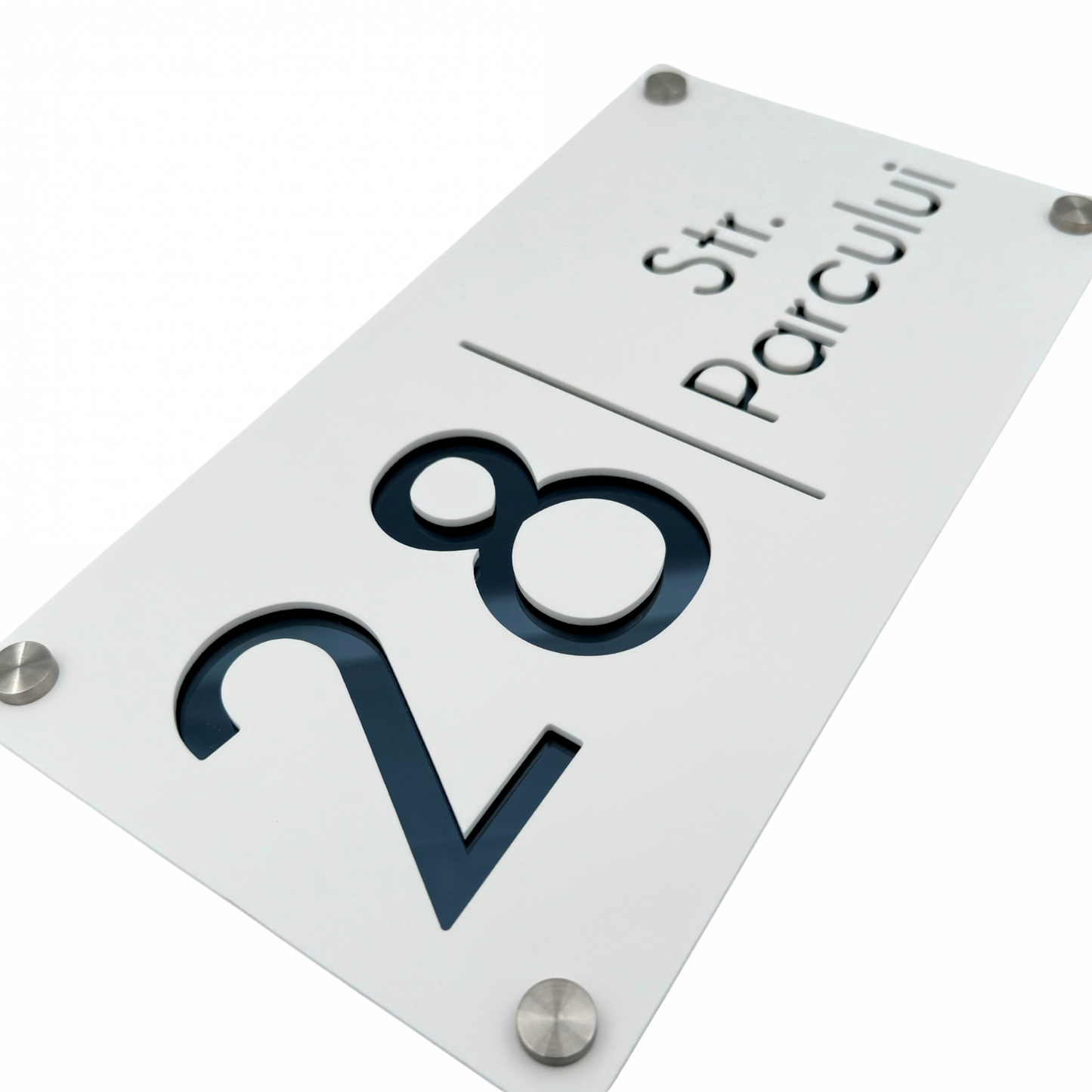 PREMIUM HOUSE NUMBER - White Satin Anthracite Grey Mirror 4 Spacers Silver - 28×15 cm