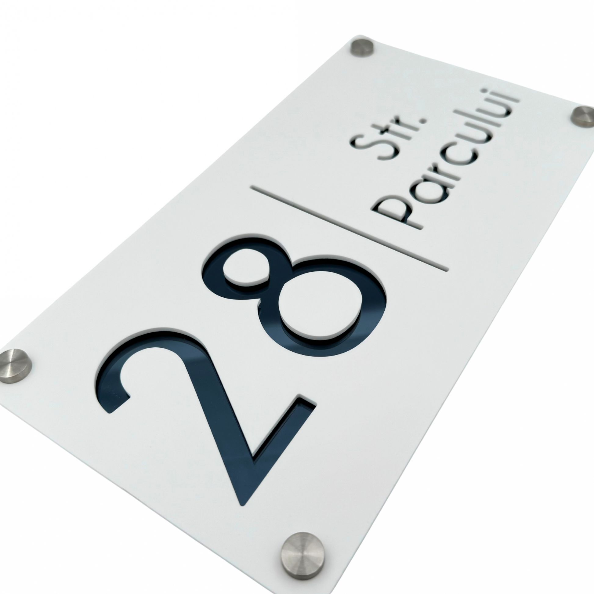 PREMIUM HOUSE NUMBER - White Satin Anthracite Grey Mirror 4 Spacers Silver - 28×15 cm