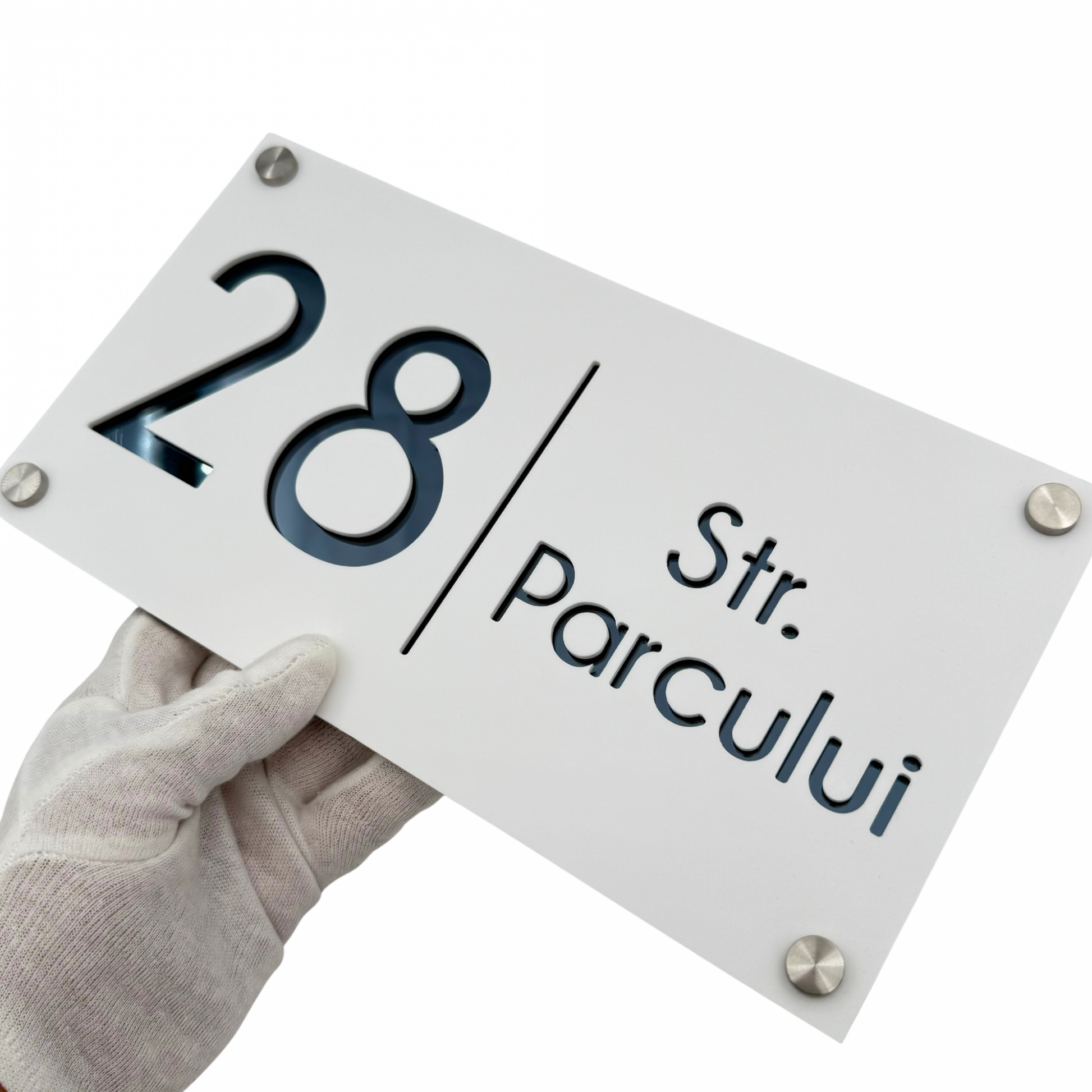 PREMIUM HOUSE NUMBER - White Satin Anthracite Grey Mirror 4 Spacers Silver - 28×15 cm