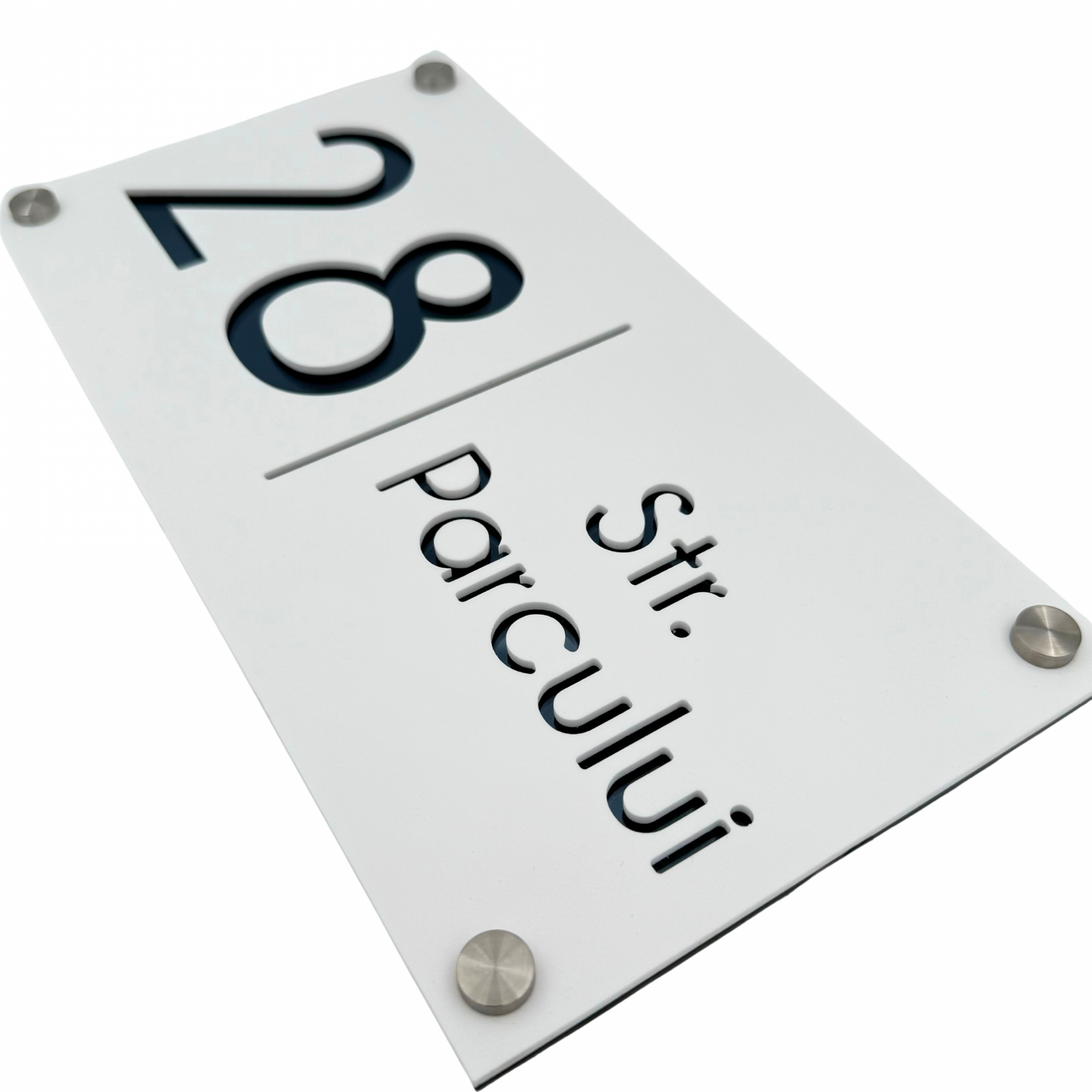 PREMIUM HOUSE NUMBER - White Satin Anthracite Grey Mirror 4 Spacers Silver - 28×15 cm