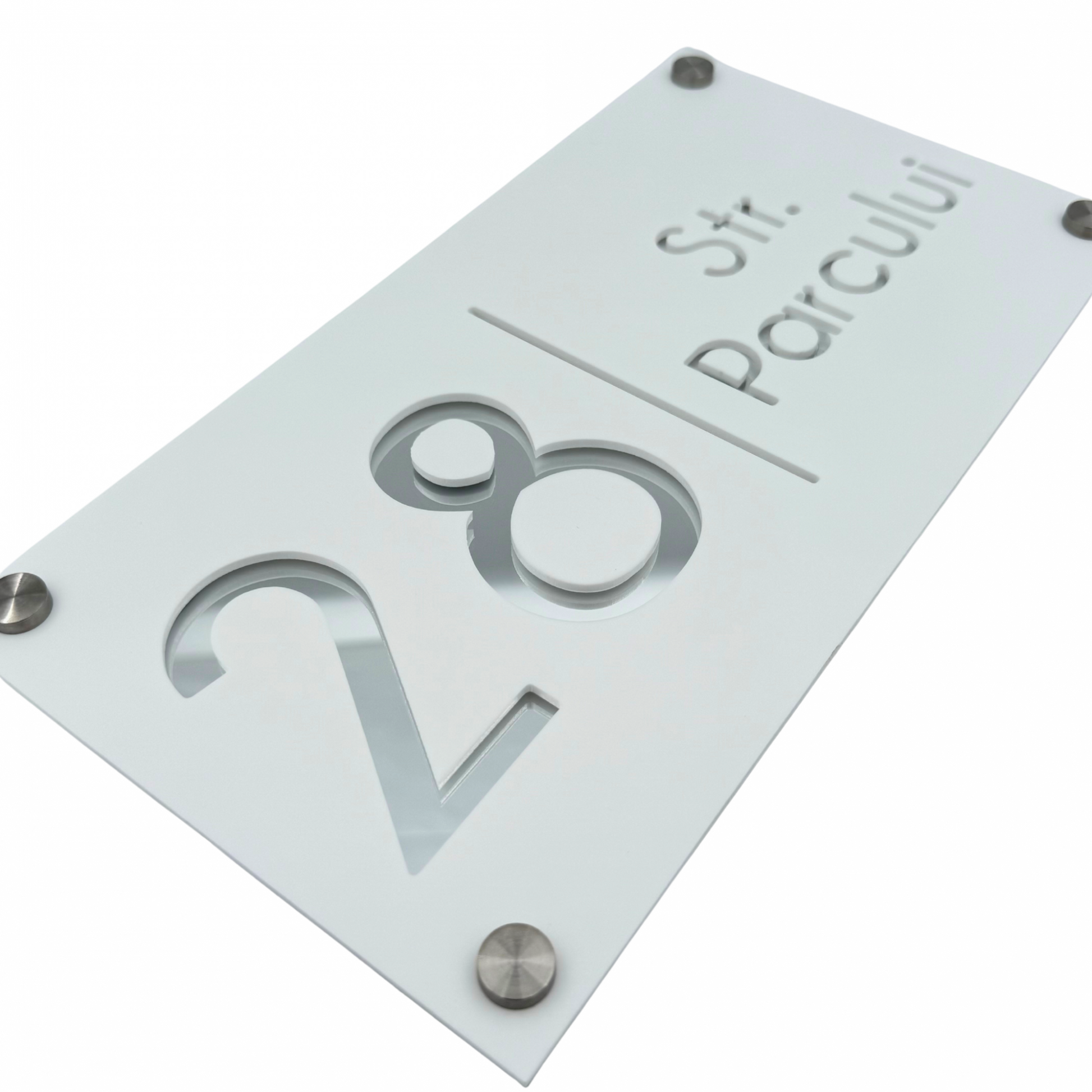 PREMIUM HOUSE NUMBER - White Satin Silver Mirror 4 Spacers Silver - 28×15 cm