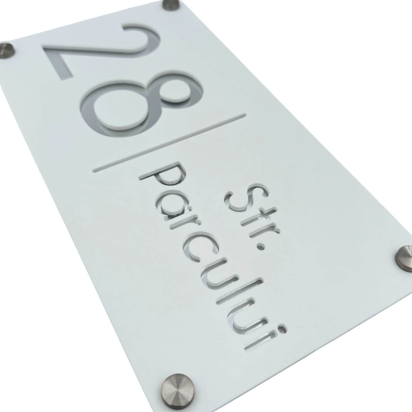 PREMIUM HOUSE NUMBER - White Satin Silver Mirror 4 Spacers Silver - 28×15 cm