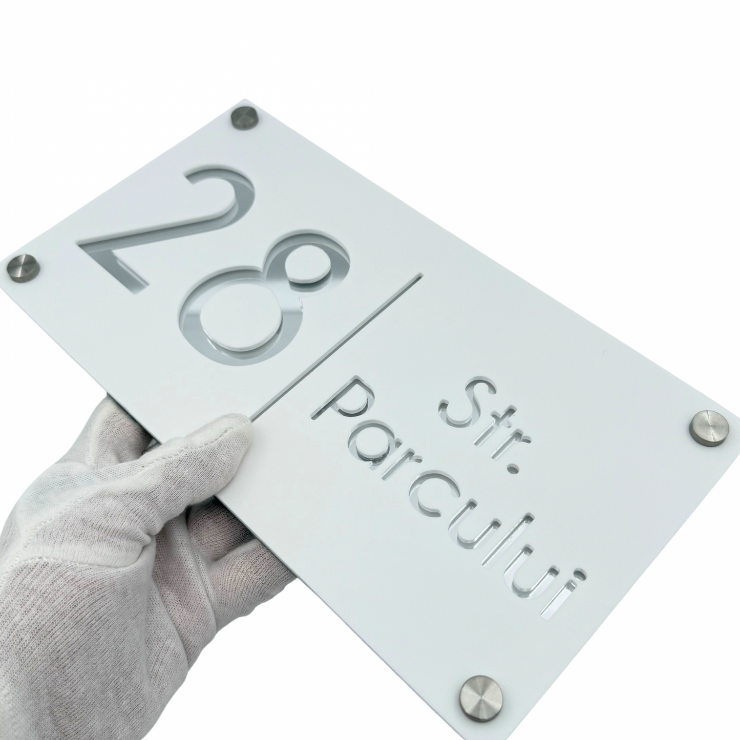 PREMIUM HOUSE NUMBER - White Satin Silver Mirror 4 Spacers Silver - 28×15 cm
