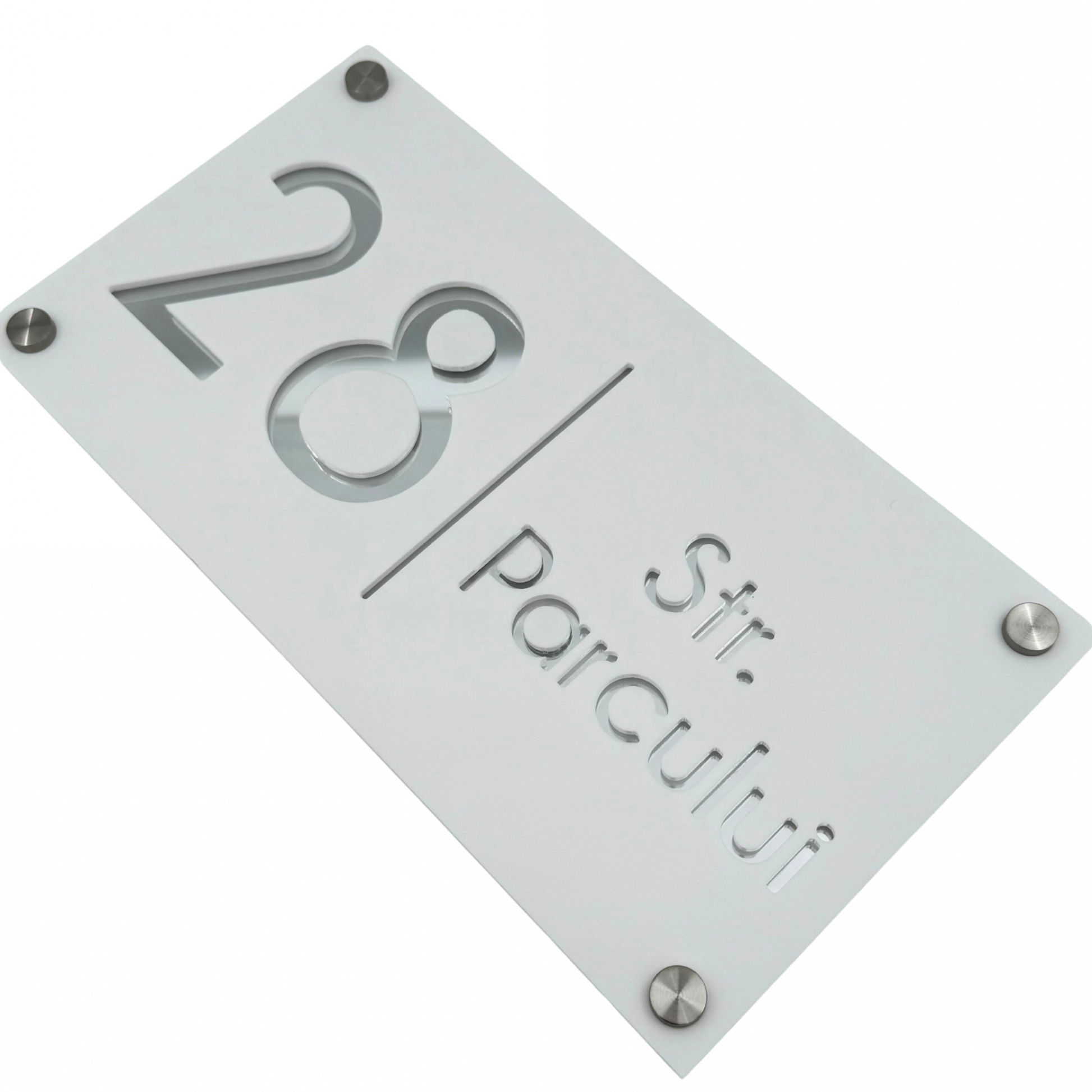 PREMIUM HOUSE NUMBER - White Satin Silver Mirror 4 Spacers Silver - 28×15 cm