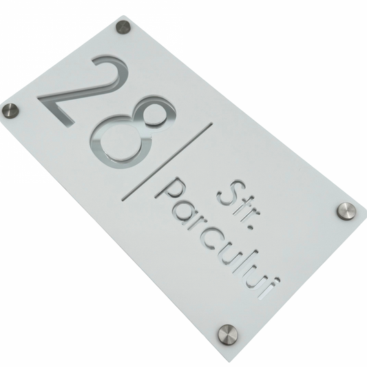 PREMIUM HOUSE NUMBER - White Satin Silver Mirror 4 Spacers Silver - 28×15 cm