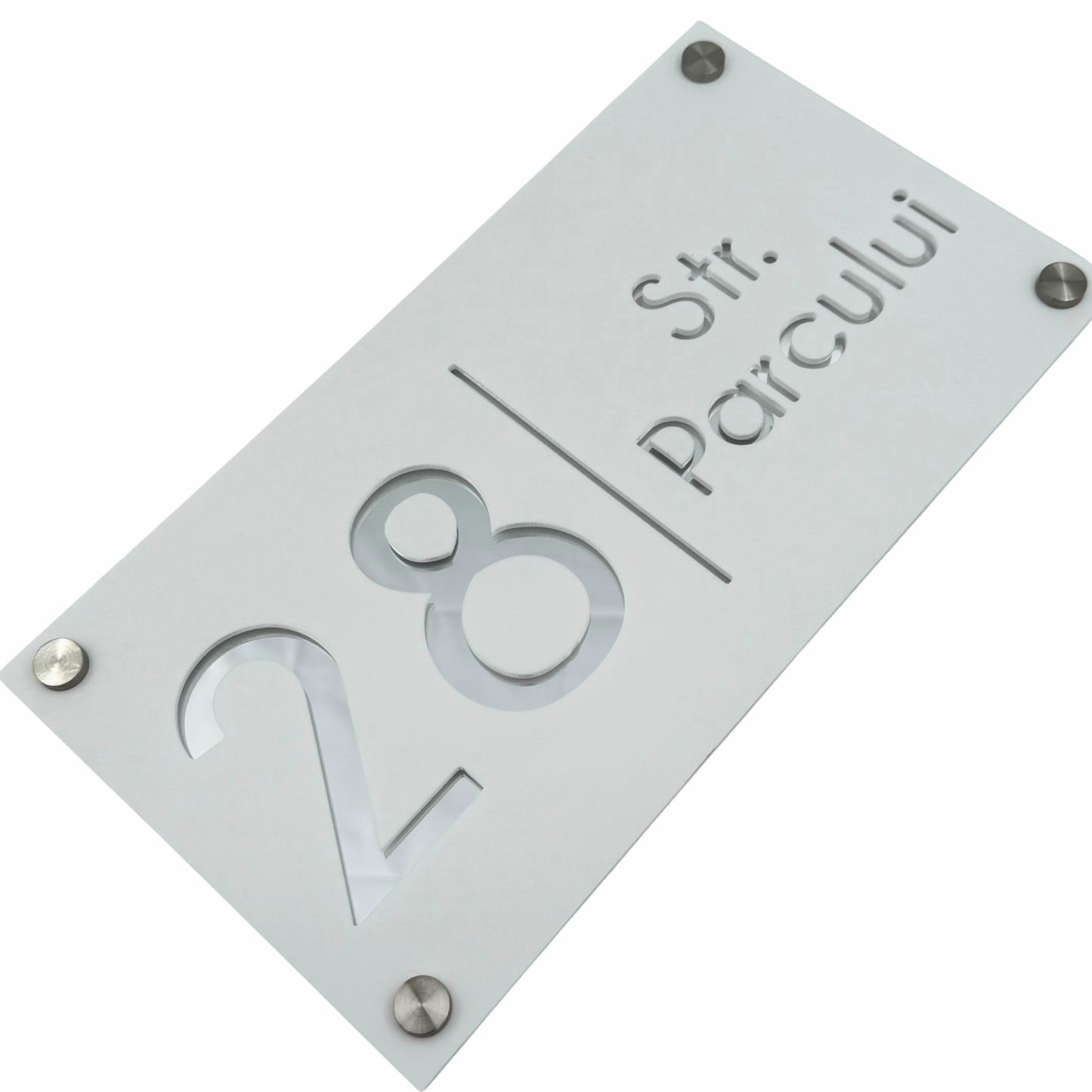 PREMIUM HOUSE NUMBER - White Satin Silver Mirror 4 Spacers Silver - 28×15 cm