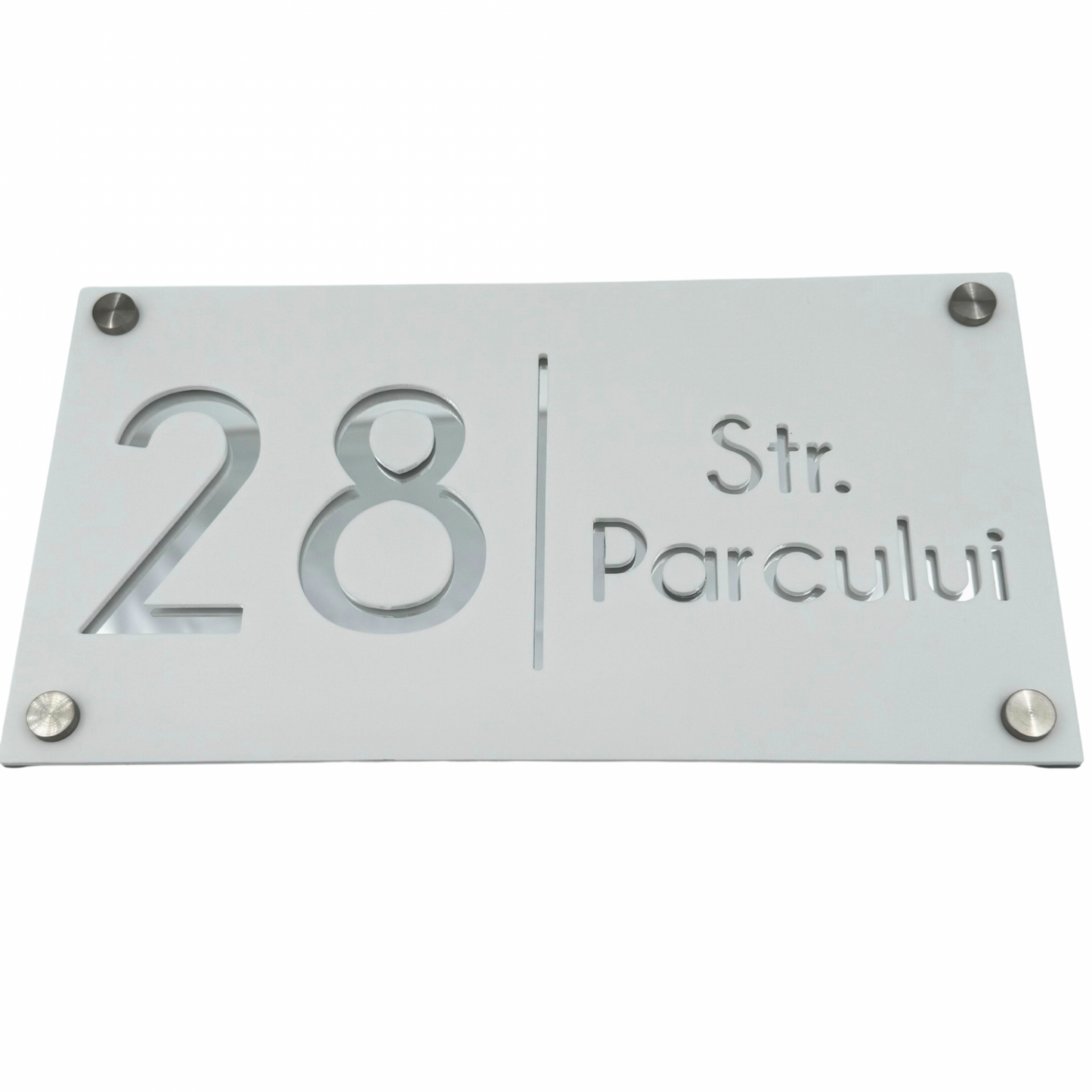 PREMIUM HOUSE NUMBER - White Satin Silver Mirror 4 Spacers Silver - 28×15 cm