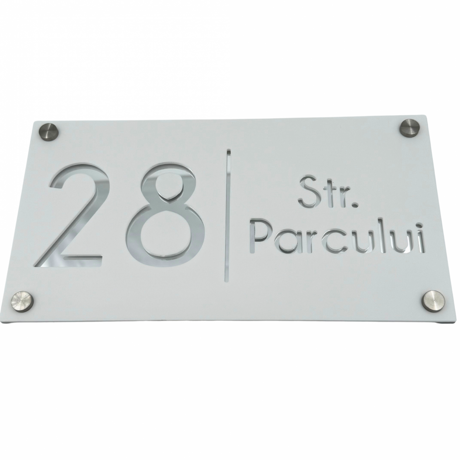 PREMIUM HOUSE NUMBER - White Satin Silver Mirror 4 Spacers Silver - 28×15 cm