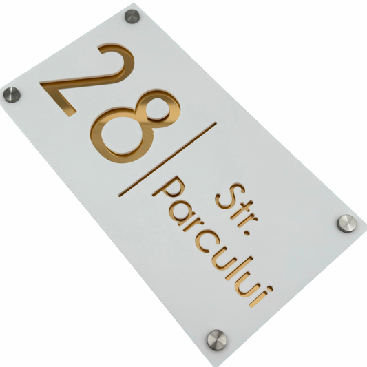 PREMIUM HOUSE NUMBER - White Satin Gold Mirror 4 Spacers Silver - 28×15 cm