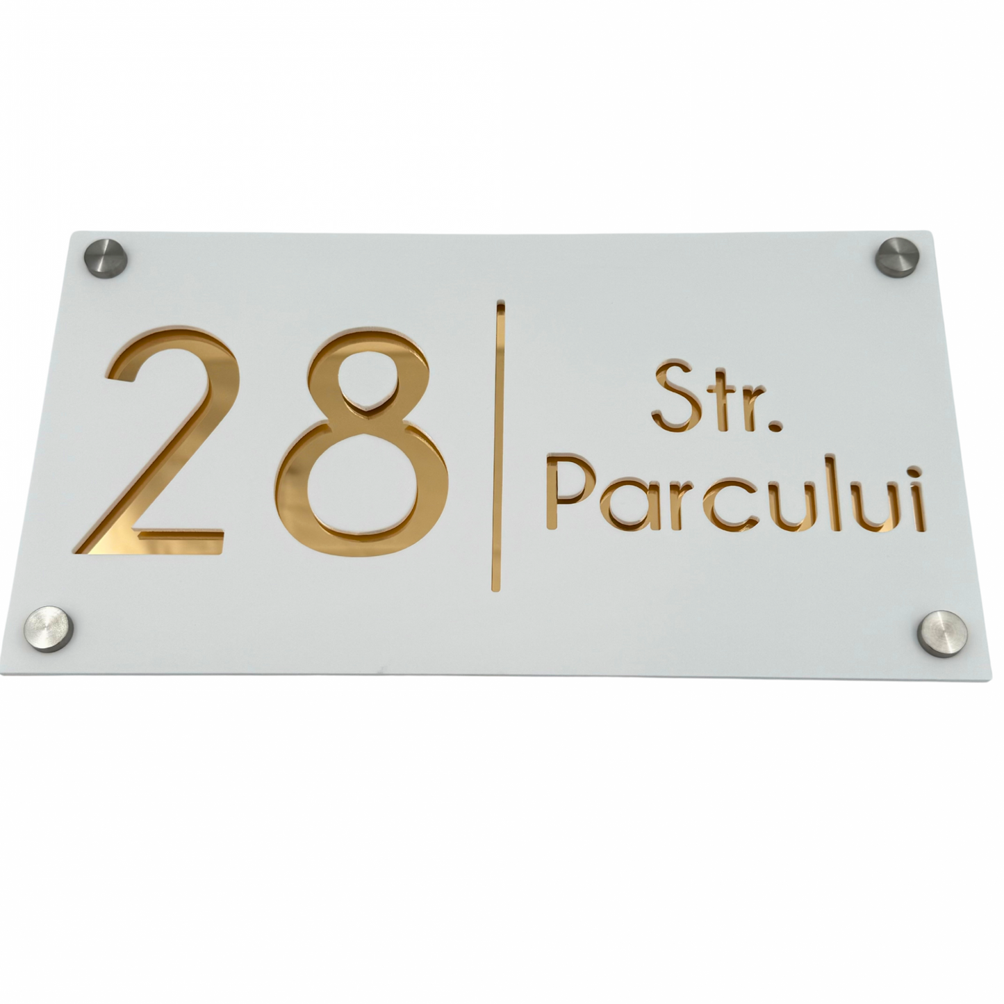 PREMIUM HOUSE NUMBER - White Satin Gold Mirror 4 Spacers Silver - 28×15 cm