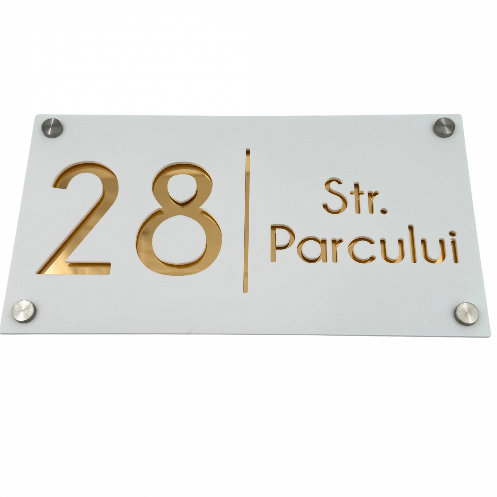 PREMIUM HOUSE NUMBER - White Satin Gold Mirror 4 Spacers Silver - 28×15 cm