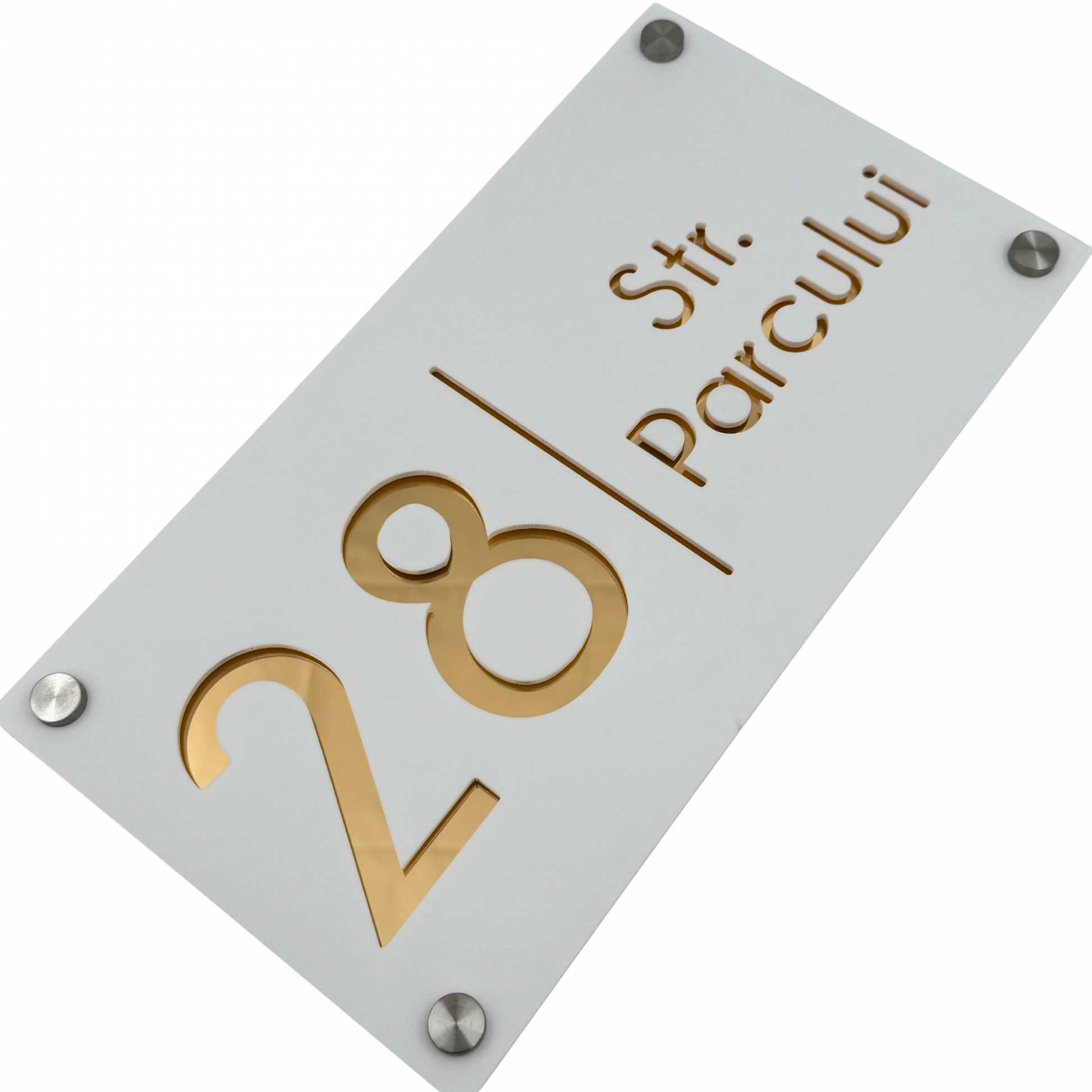 PREMIUM HOUSE NUMBER - White Satin Gold Mirror 4 Spacers Silver - 28×15 cm