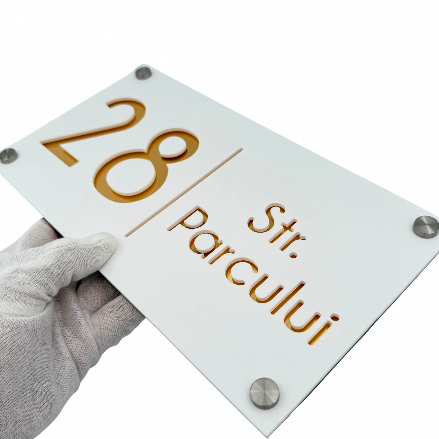 PREMIUM HOUSE NUMBER - White Satin Gold Mirror 4 Spacers Silver - 28×15 cm