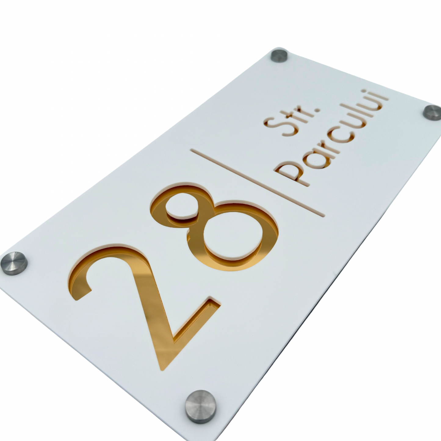 PREMIUM HOUSE NUMBER - White Satin Gold Mirror 4 Spacers Silver - 28×15 cm