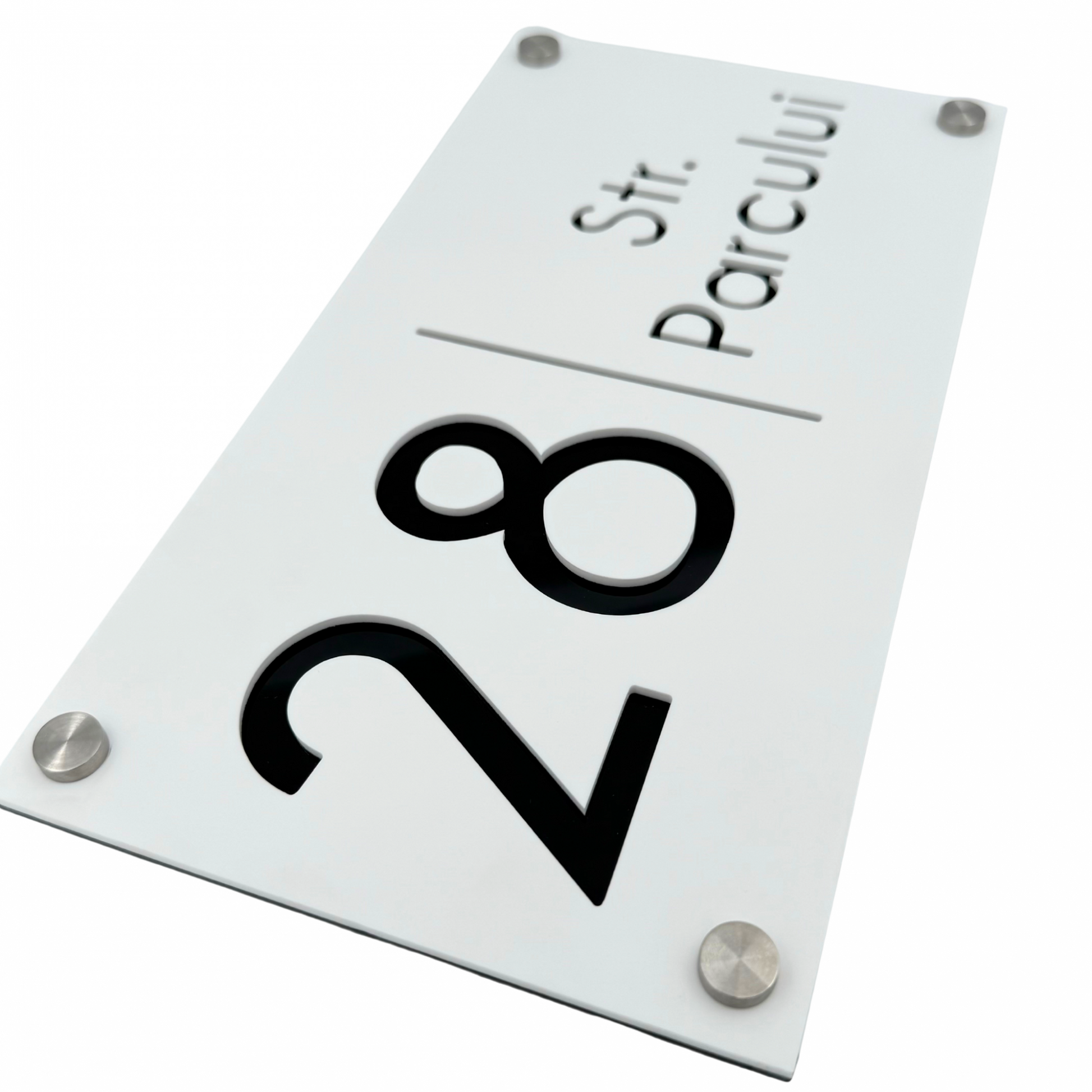 PREMIUM HOUSE NUMBER - White Satin Glossy Black 4 Spacers Silver - 28×15 cm