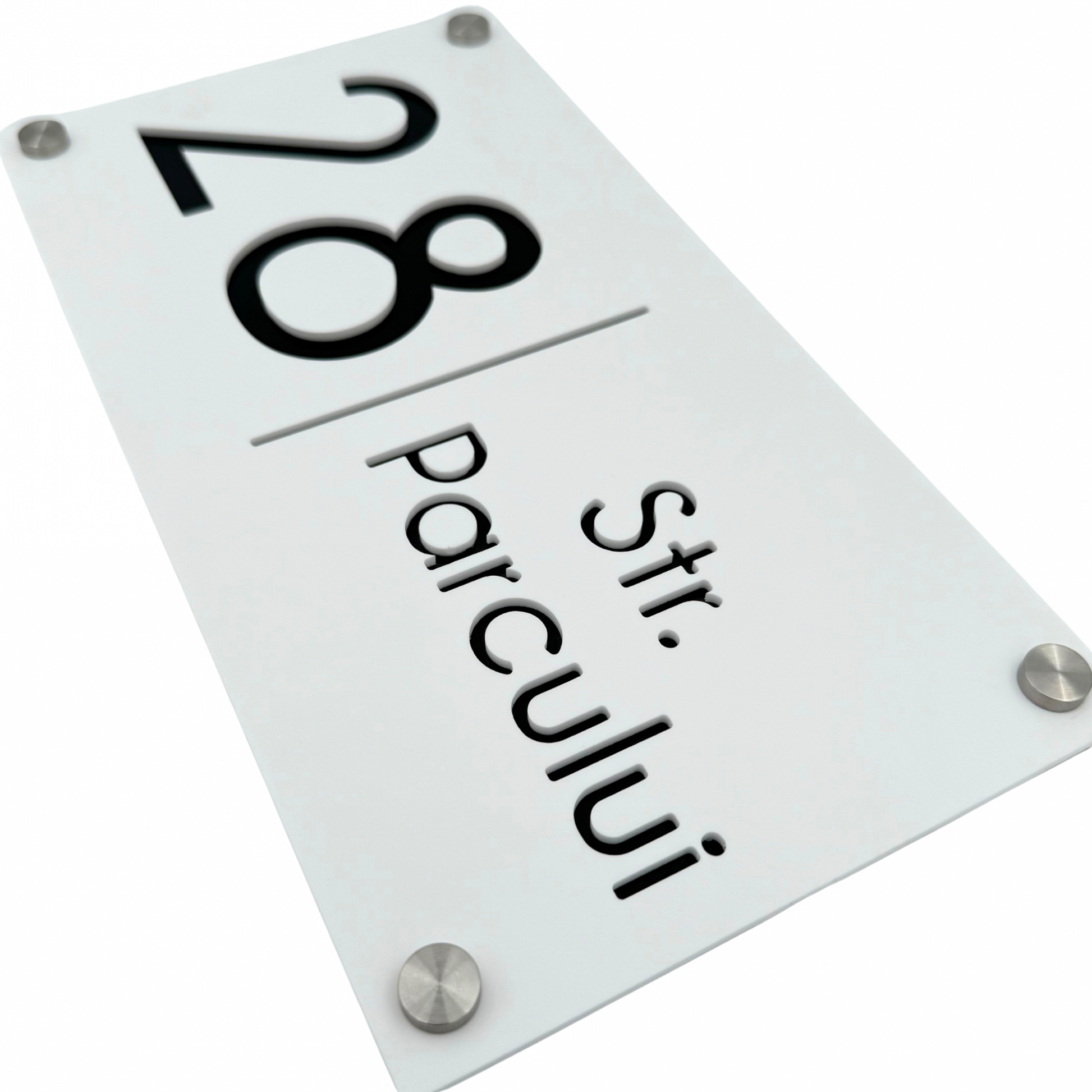 PREMIUM HOUSE NUMBER - White Satin Glossy Black 4 Spacers Silver - 28×15 cm