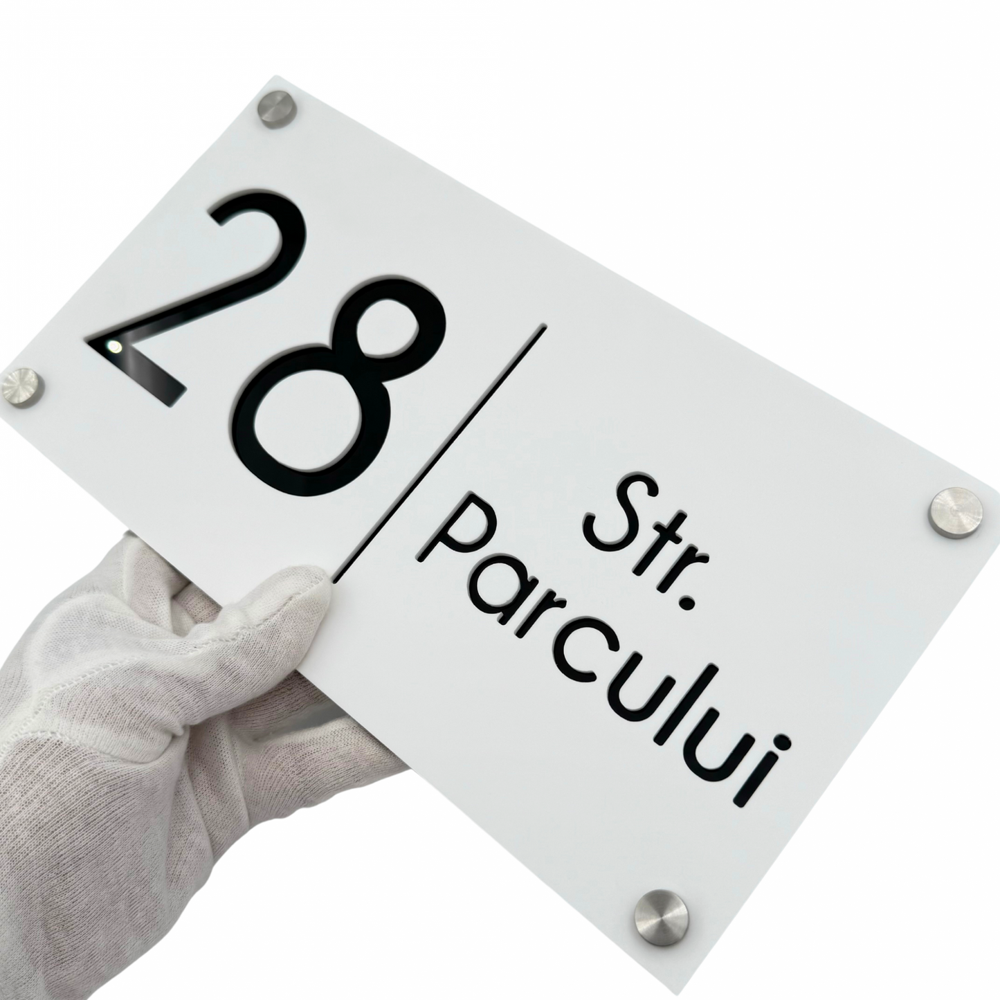PREMIUM HOUSE NUMBER - White Satin Glossy Black 4 Spacers Silver - 28×15 cm