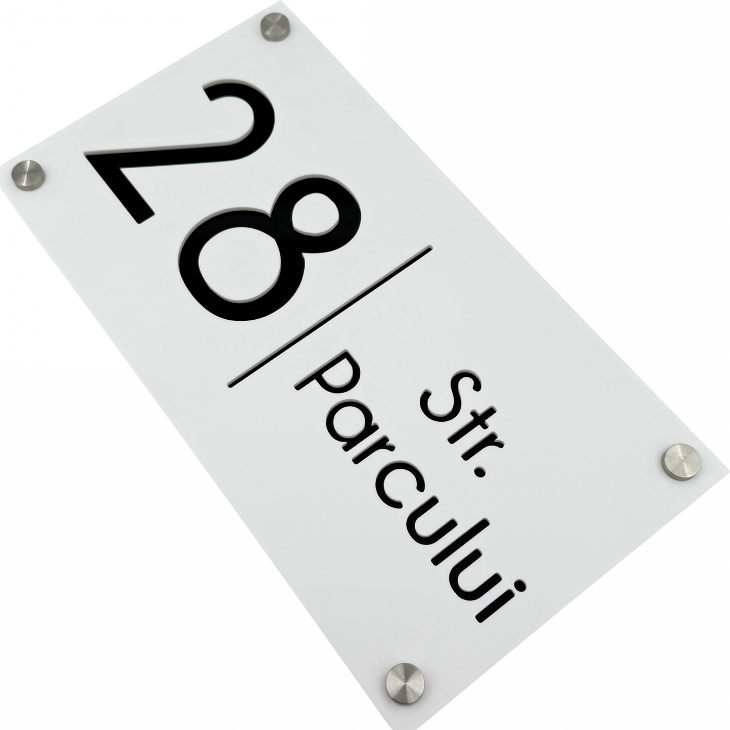PREMIUM HOUSE NUMBER - White Satin Glossy Black 4 Spacers Silver - 28×15 cm