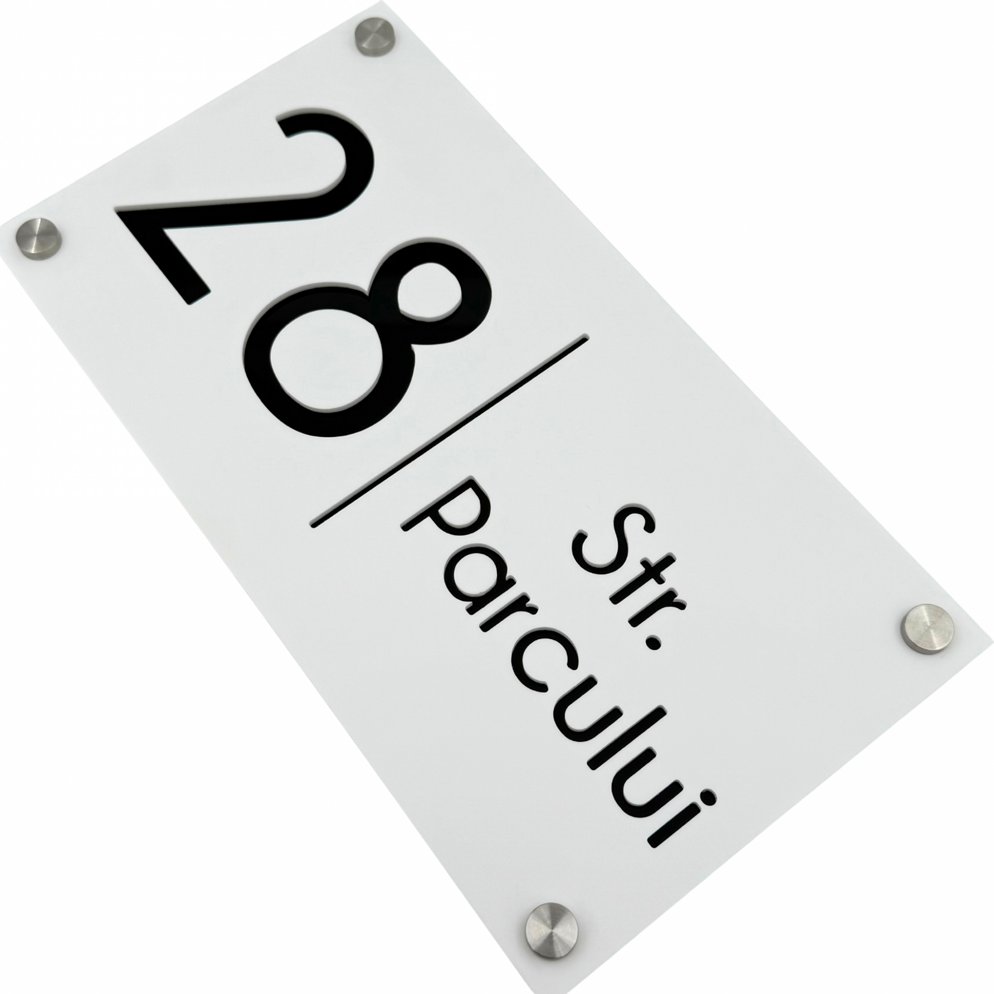 PREMIUM HOUSE NUMBER - White Satin Glossy Black 4 Spacers Silver - 28×15 cm