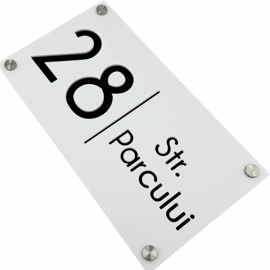 PREMIUM HOUSE NUMBER - White Satin Glossy Black 4 Spacers Silver - 28×15 cm