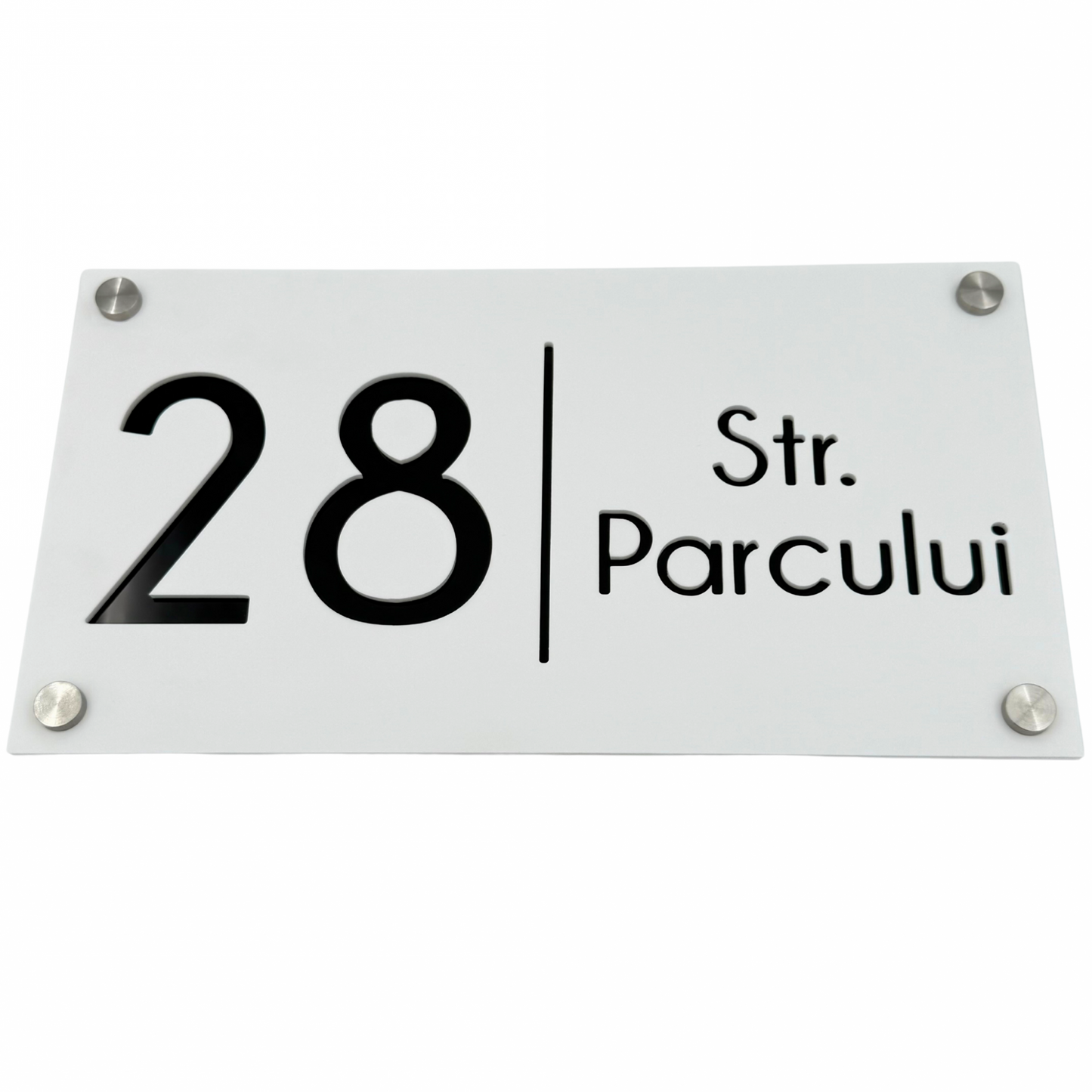 PREMIUM HOUSE NUMBER - White Satin Glossy Black 4 Spacers Silver - 28×15 cm