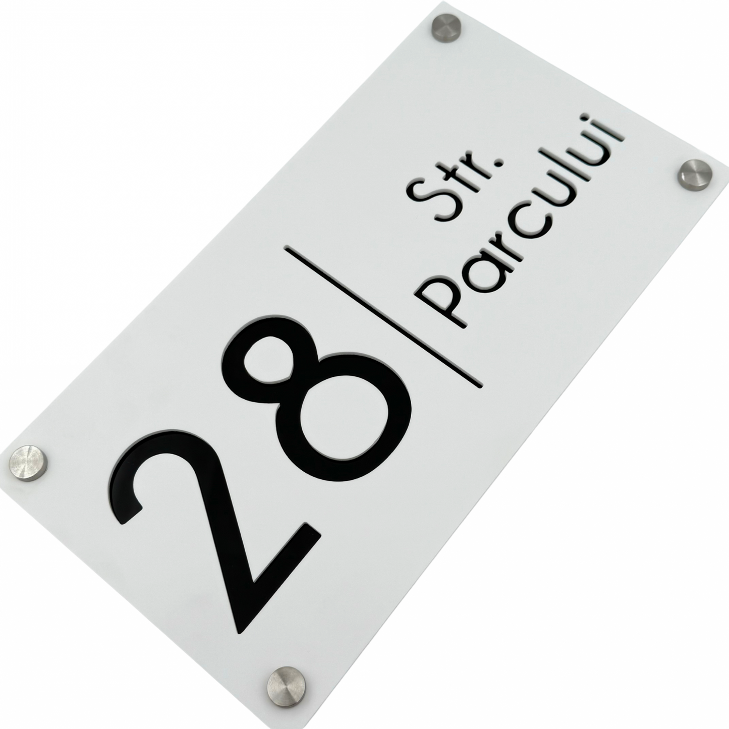 PREMIUM HOUSE NUMBER - White Satin Glossy Black 4 Spacers Silver - 28×15 cm