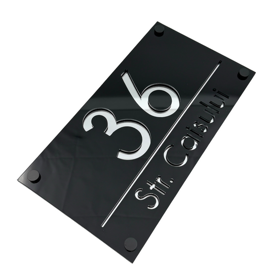 PREMIUM HOUSE NUMBER - Glossy Black Silver Mirror 4 Spacers NeGreyi - 28×15 cm