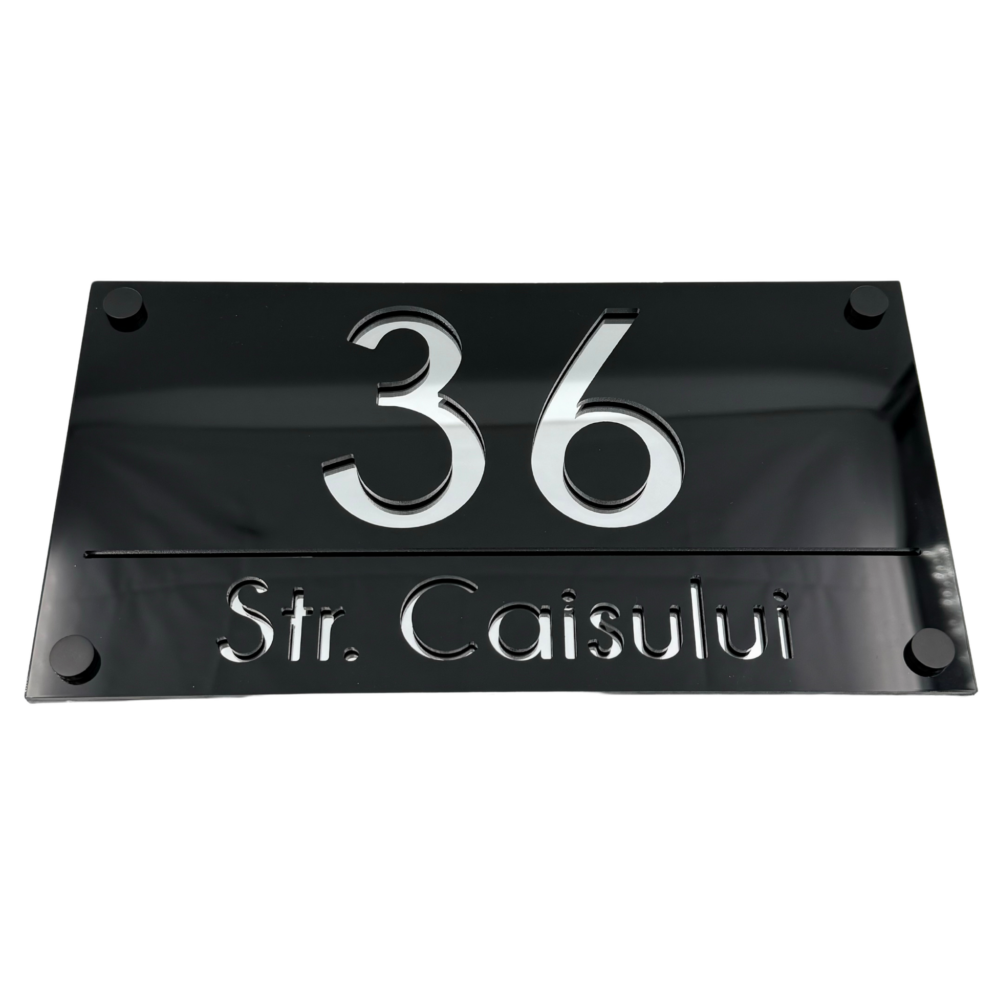 PREMIUM HOUSE NUMBER - Glossy Black Silver Mirror 4 Spacers NeGreyi - 28×15 cm