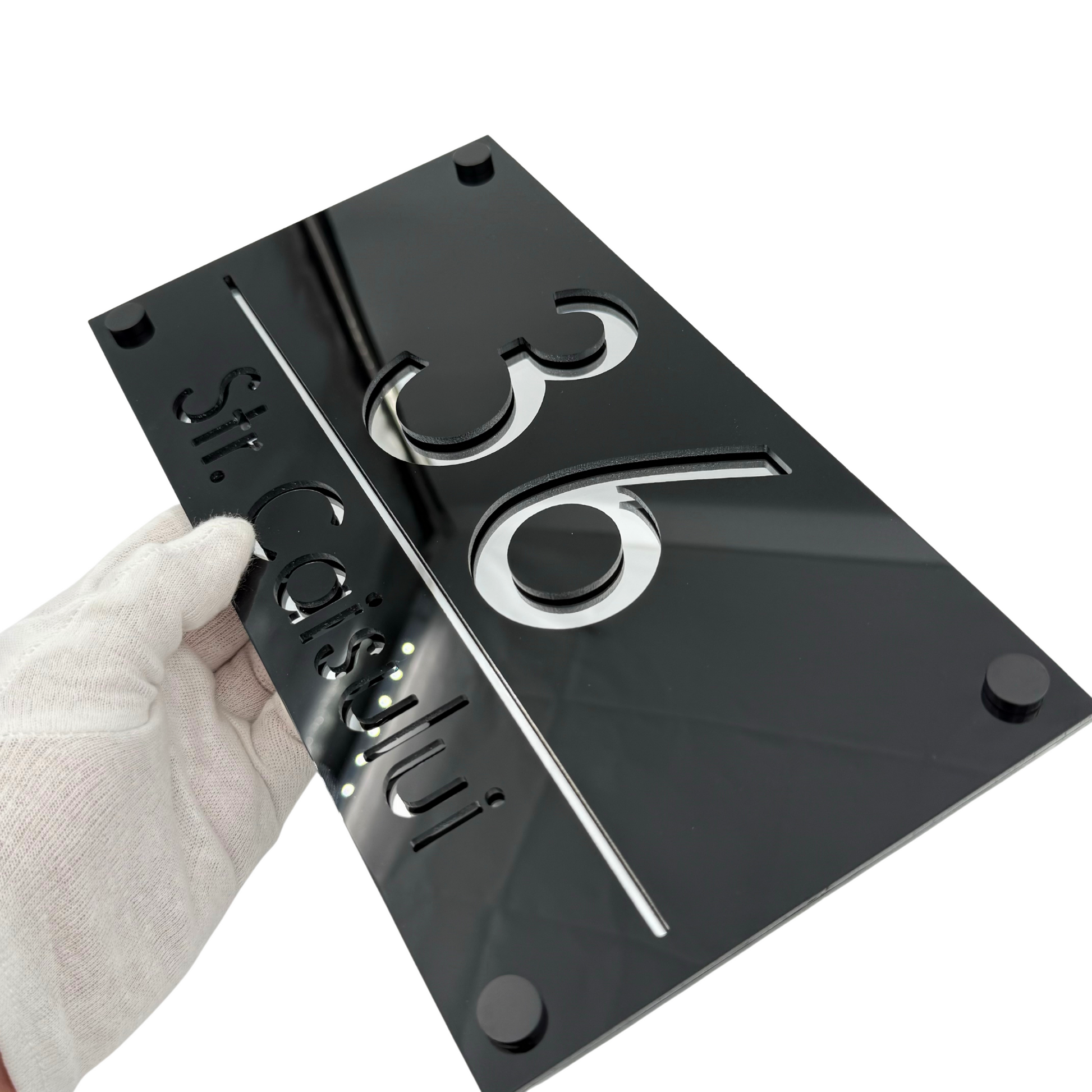 PREMIUM HOUSE NUMBER - Glossy Black Silver Mirror 4 Spacers NeGreyi - 28×15 cm