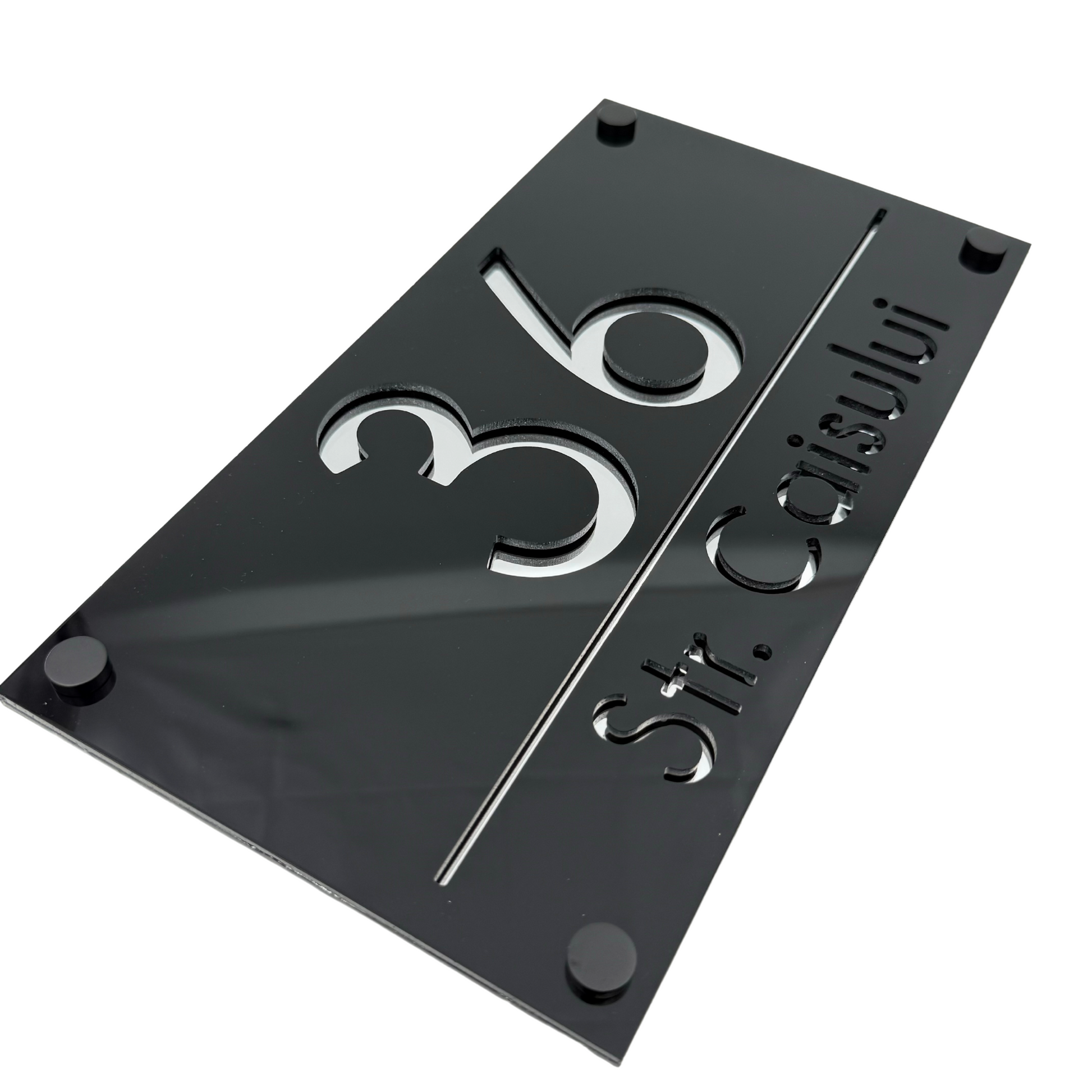PREMIUM HOUSE NUMBER - Glossy Black Silver Mirror 4 Spacers NeGreyi - 28×15 cm
