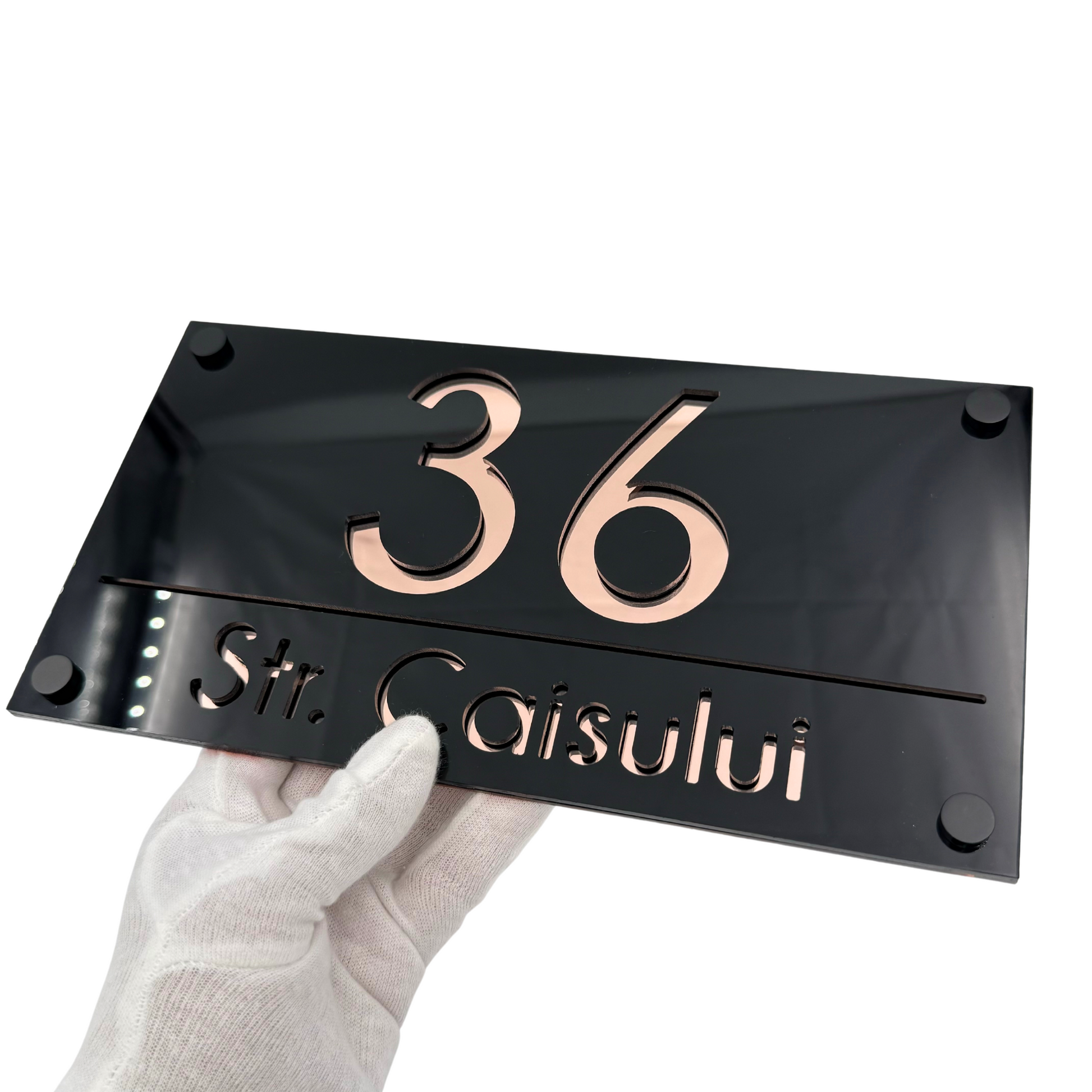 PREMIUM HOUSE NUMBER - Glossy Black Rose Gold Mirror 4 Spacers NeGreyi - 28×15 cm