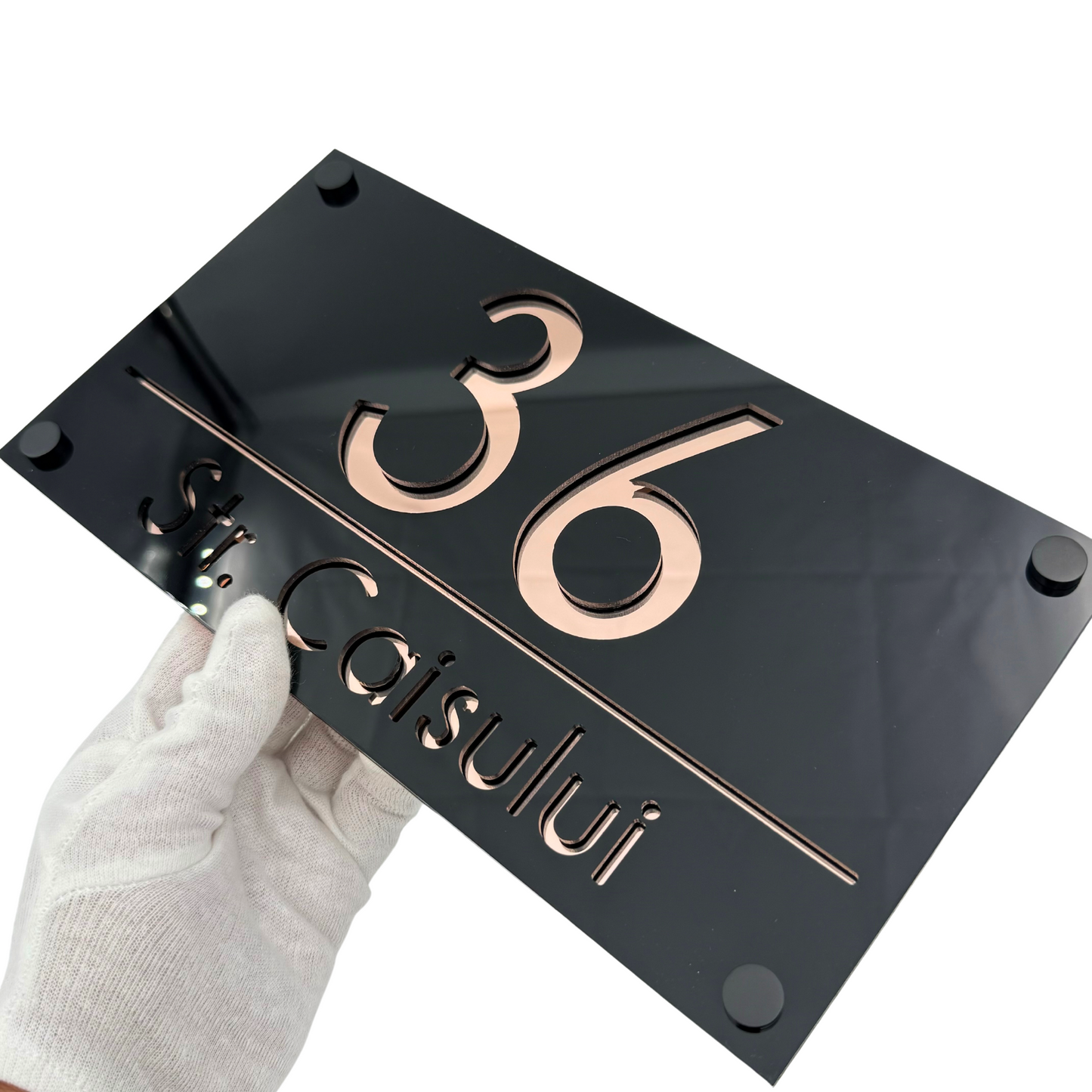 PREMIUM HOUSE NUMBER - Glossy Black Rose Gold Mirror 4 Spacers NeGreyi - 28×15 cm