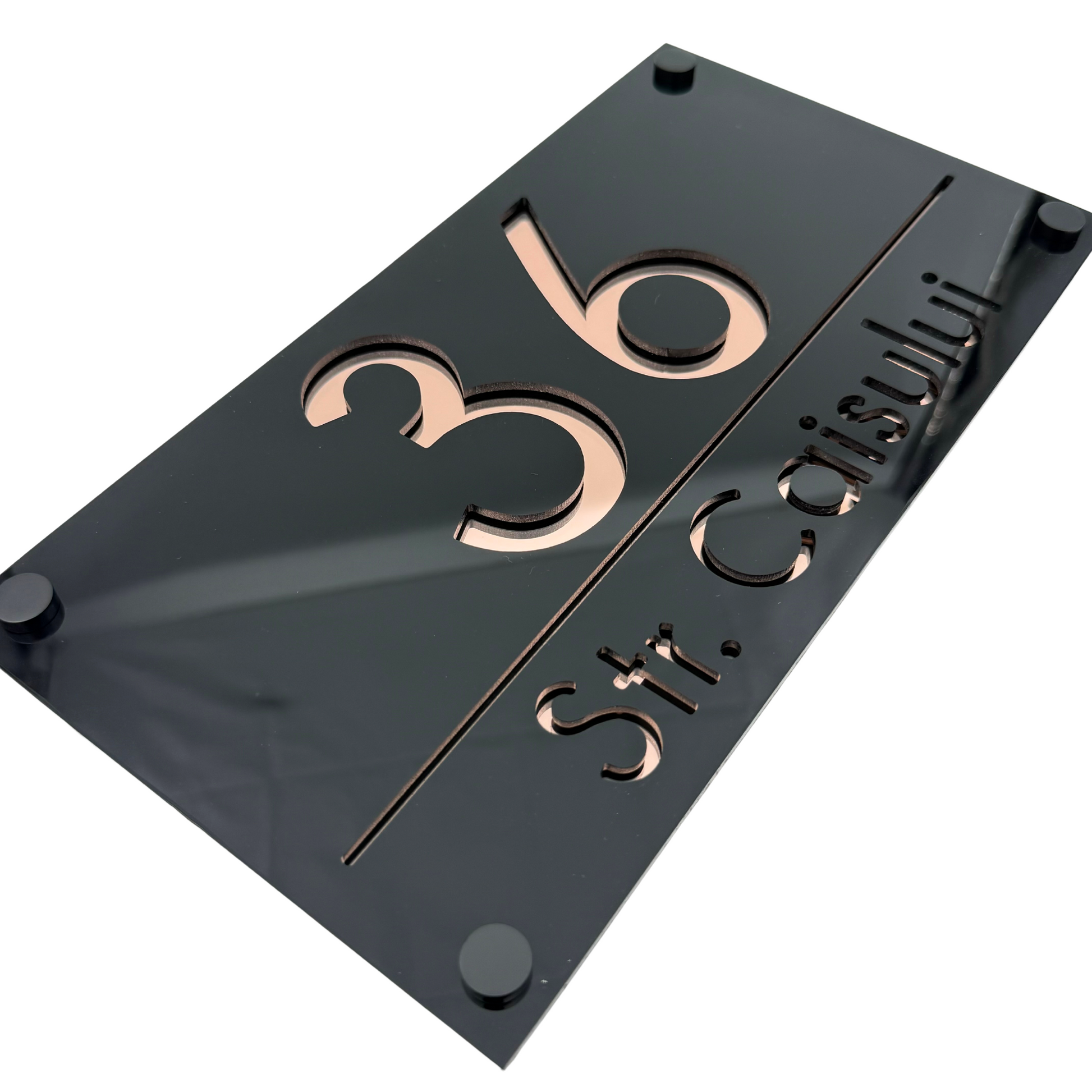 PREMIUM HOUSE NUMBER - Glossy Black Rose Gold Mirror 4 Spacers NeGreyi - 28×15 cm