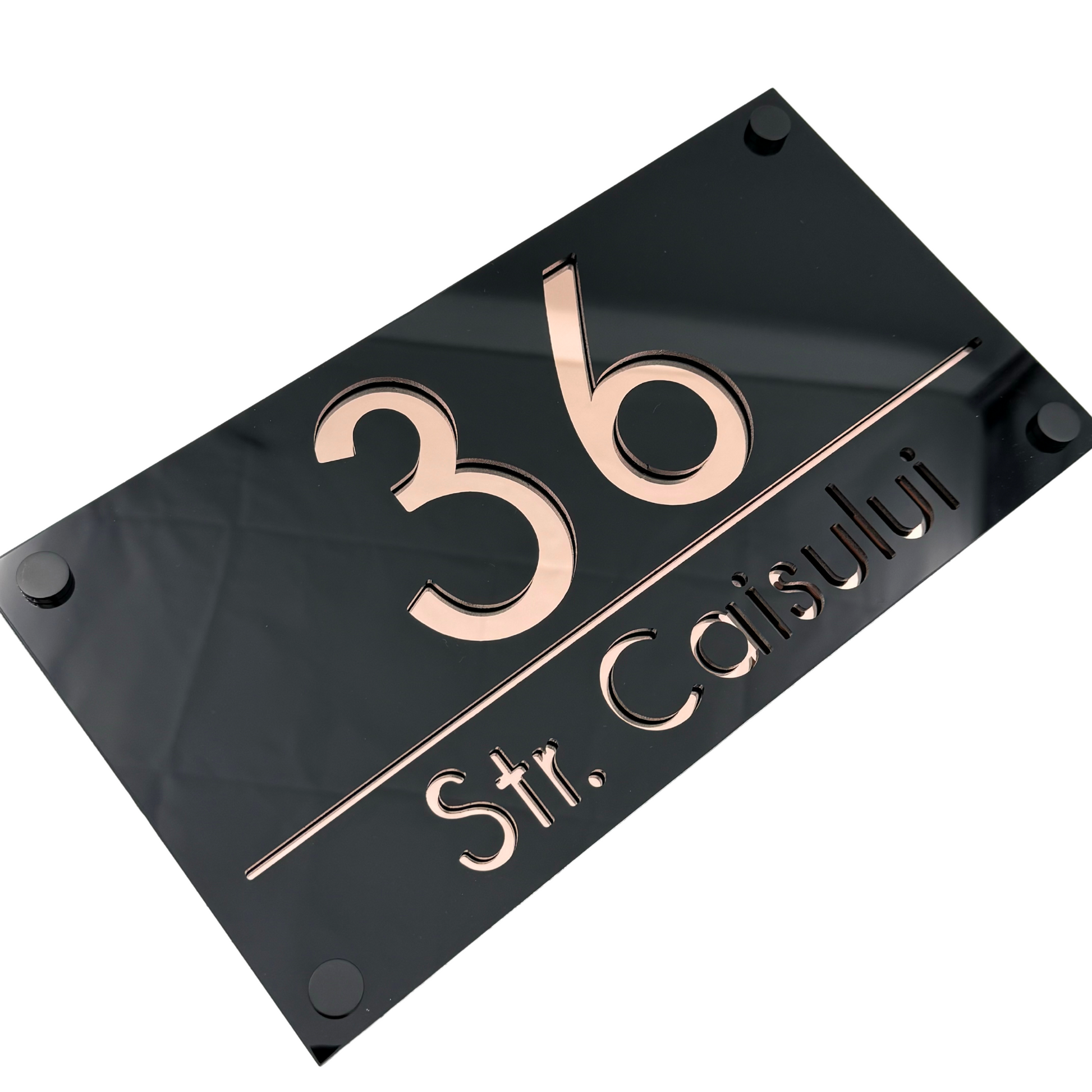 PREMIUM HOUSE NUMBER - Glossy Black Rose Gold Mirror 4 Spacers NeGreyi - 28×15 cm